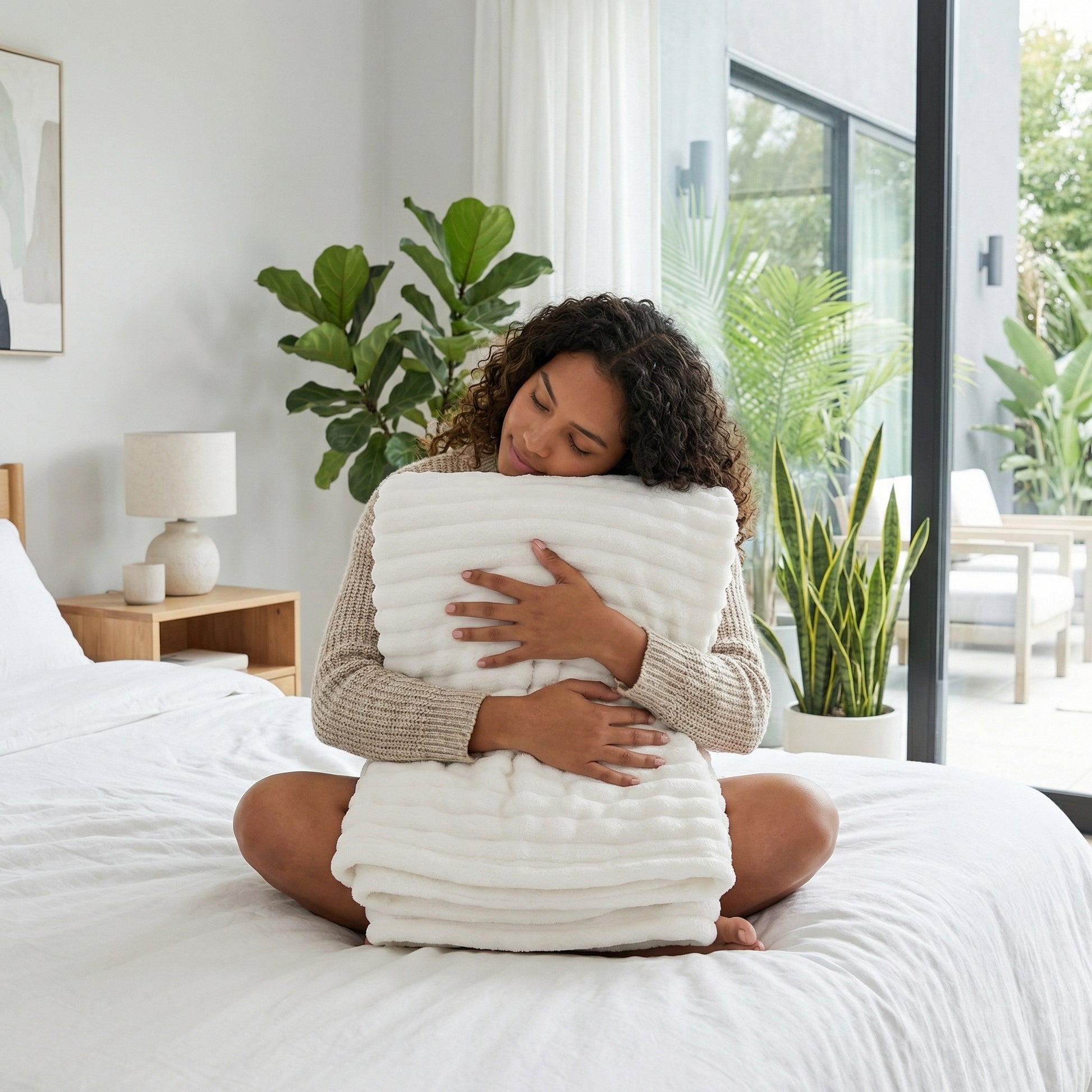 Woman hugging a soft, white, ribbed flannel blanket on a bed, showcasing its cozy texture.