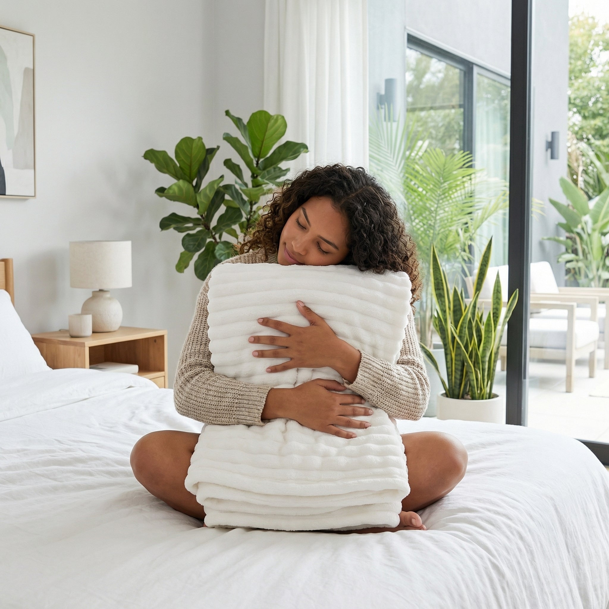 Woman hugging a soft, white, ribbed flannel blanket on a bed, showcasing its cozy texture.