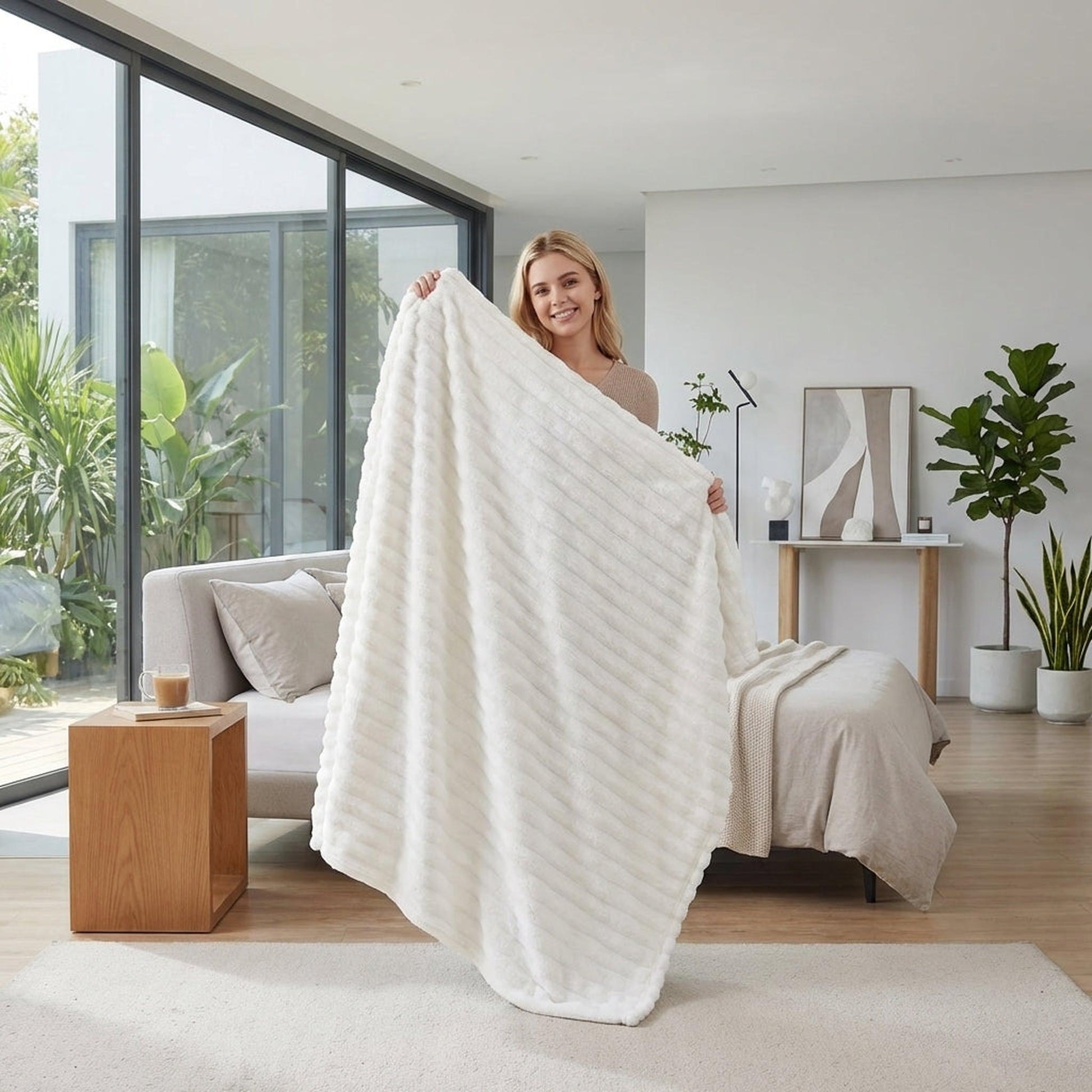 Smiling woman holding a soft, white, textured coral velvet throw blanket in a modern living room.