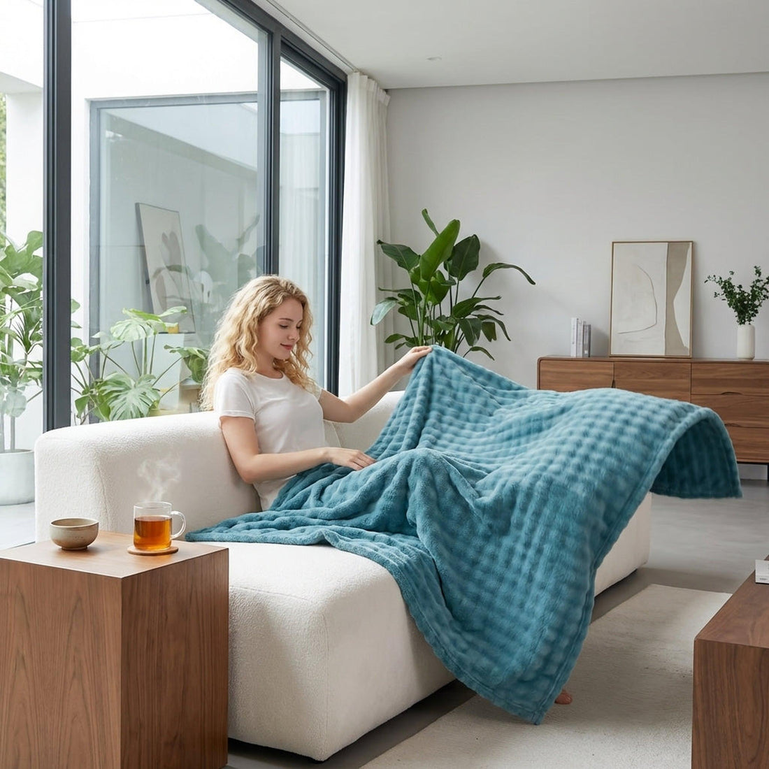 Woman on a white sofa with a soft, teal bubble rabbit flannel blanket and a cup of tea.