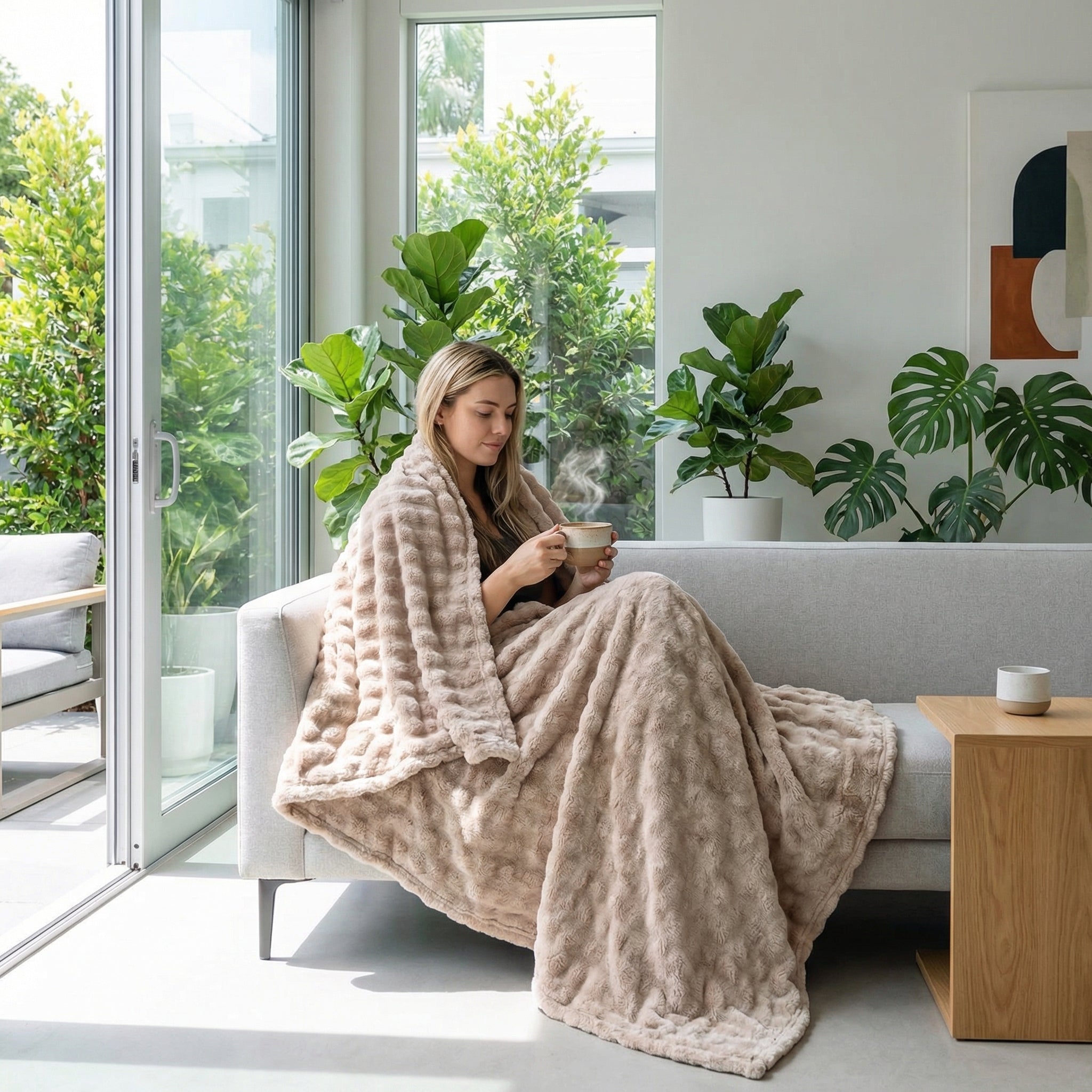 Woman on a sofa wrapped in a soft, beige Bubble Rabbit Flannel Blanket, holding a steaming mug.