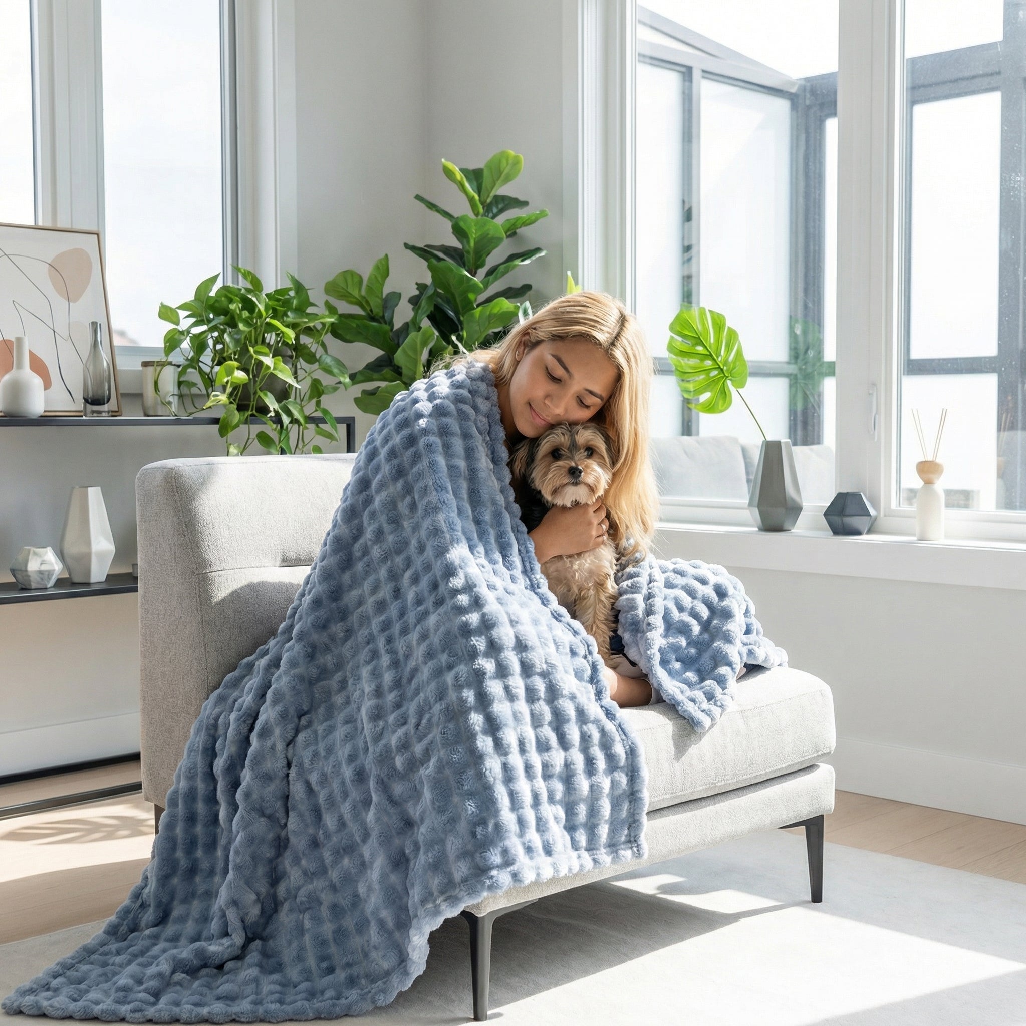 Woman and small dog snuggled in a soft, light blue Bubble Rabbit Flannel Blanket on a modern sofa.