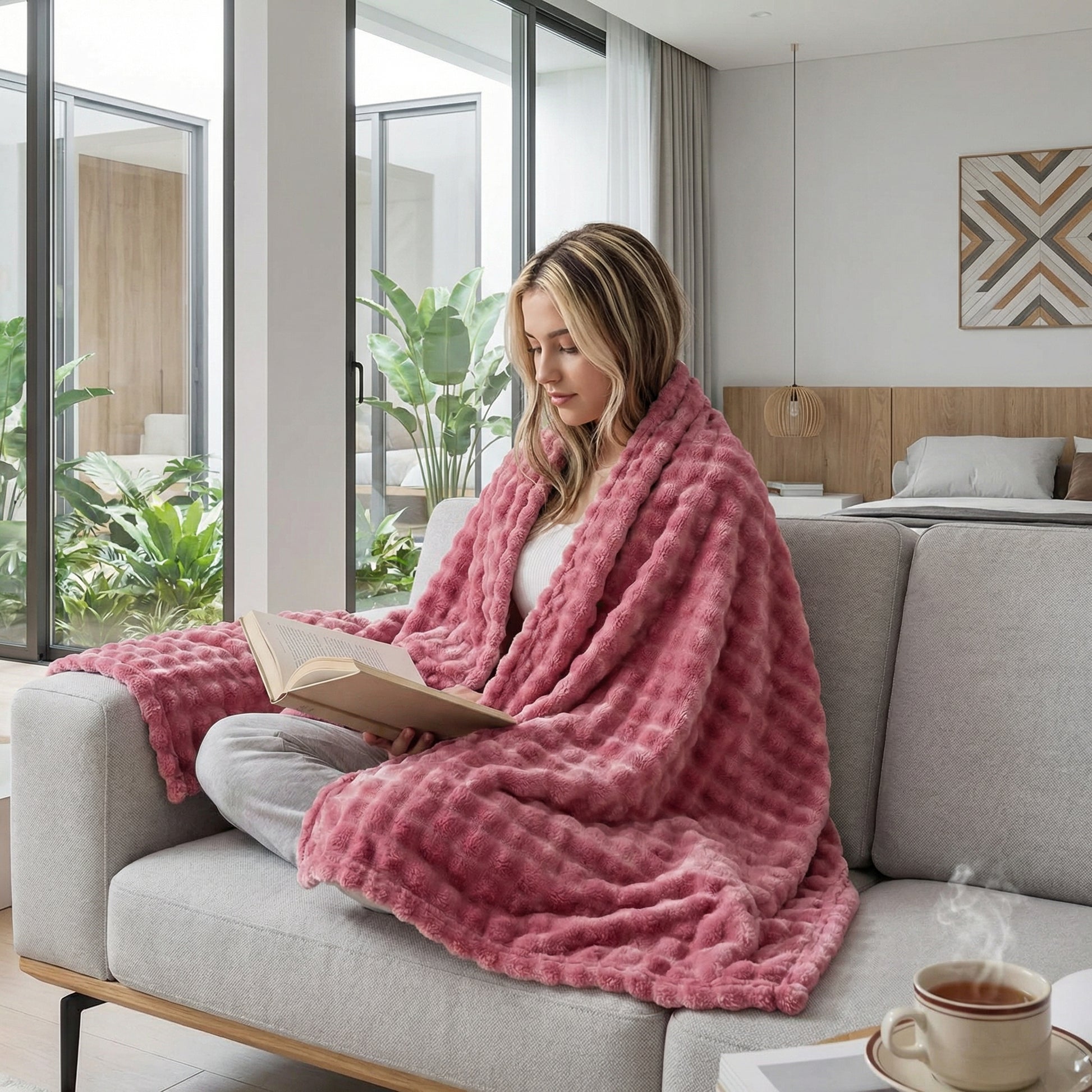 Woman on sofa wrapped in a soft, pink coral velvet Bubble Rabbit Flannel Blanket, reading a book.
