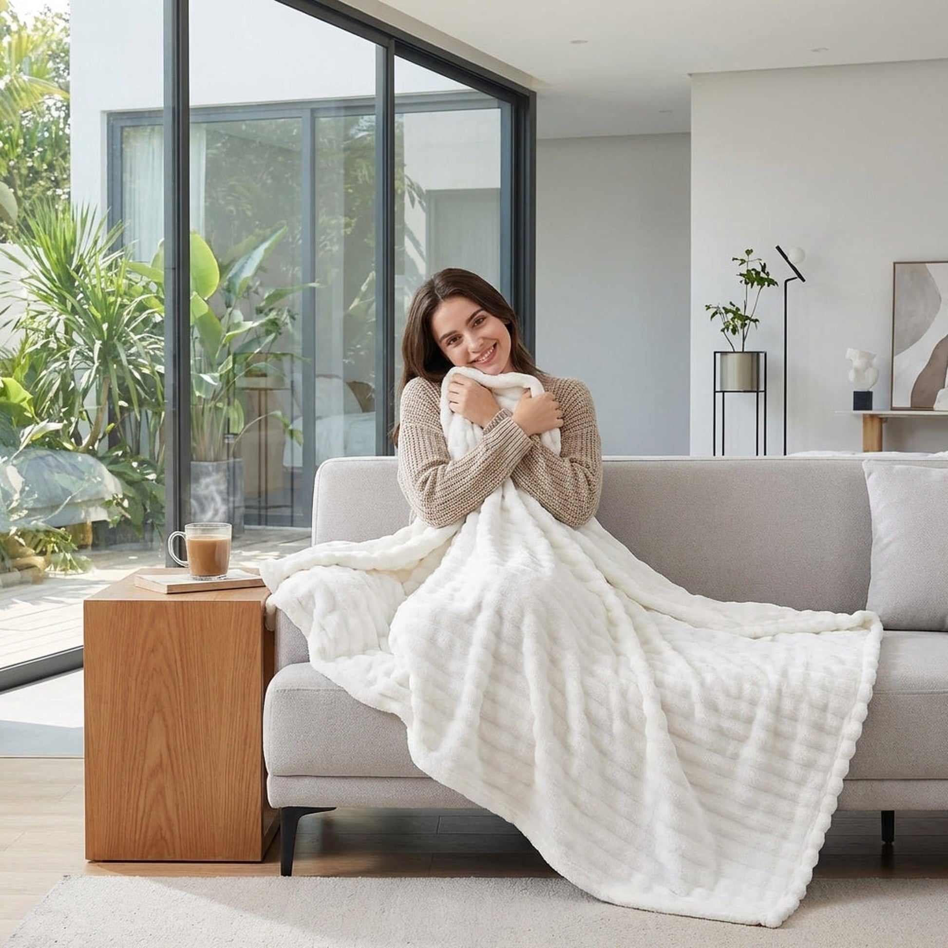 Smiling woman wrapped in a cozy white Bubble Rabbit Flannel Blanket on a light gray sofa.