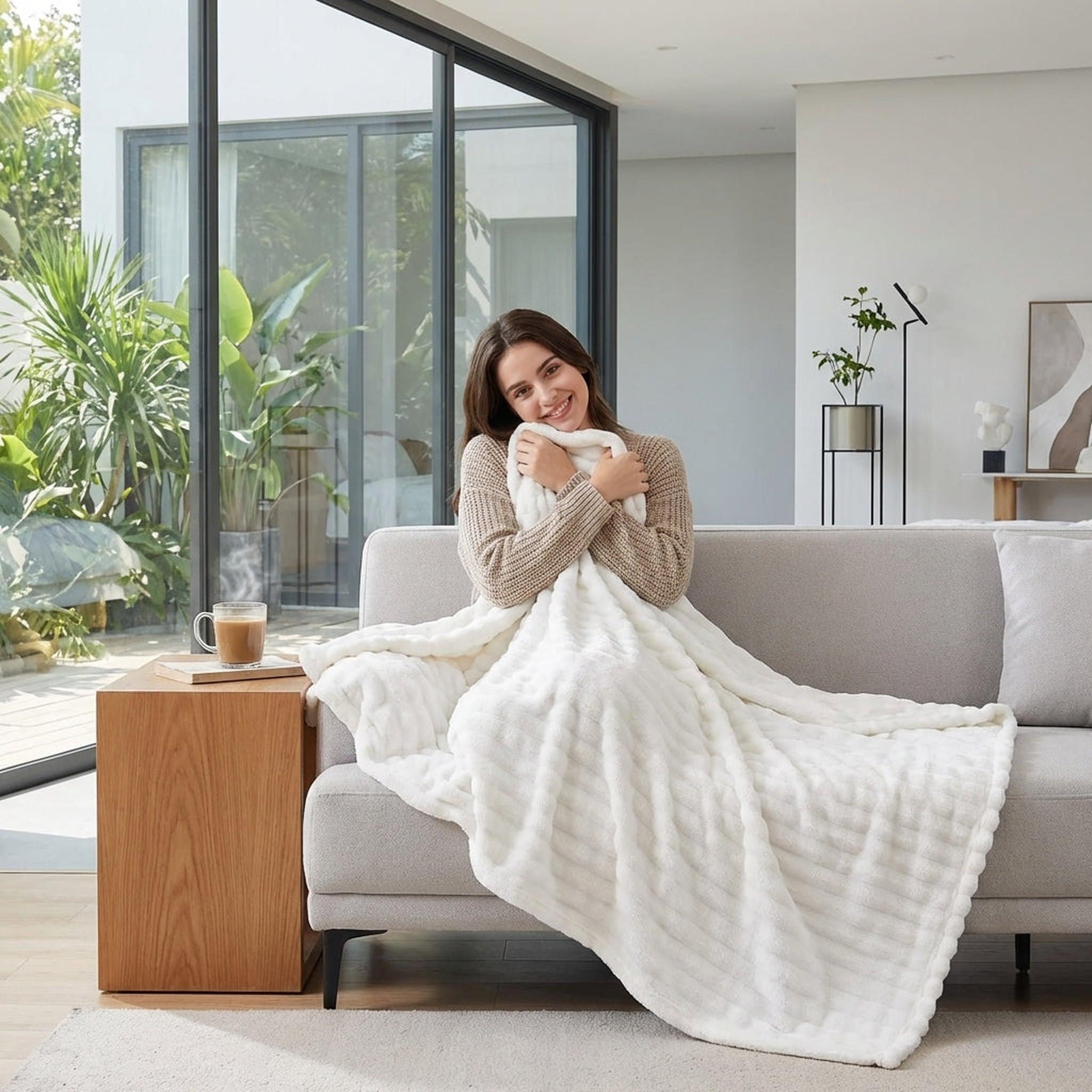 Smiling woman wrapped in a cozy white Bubble Rabbit Flannel Blanket on a light gray sofa.