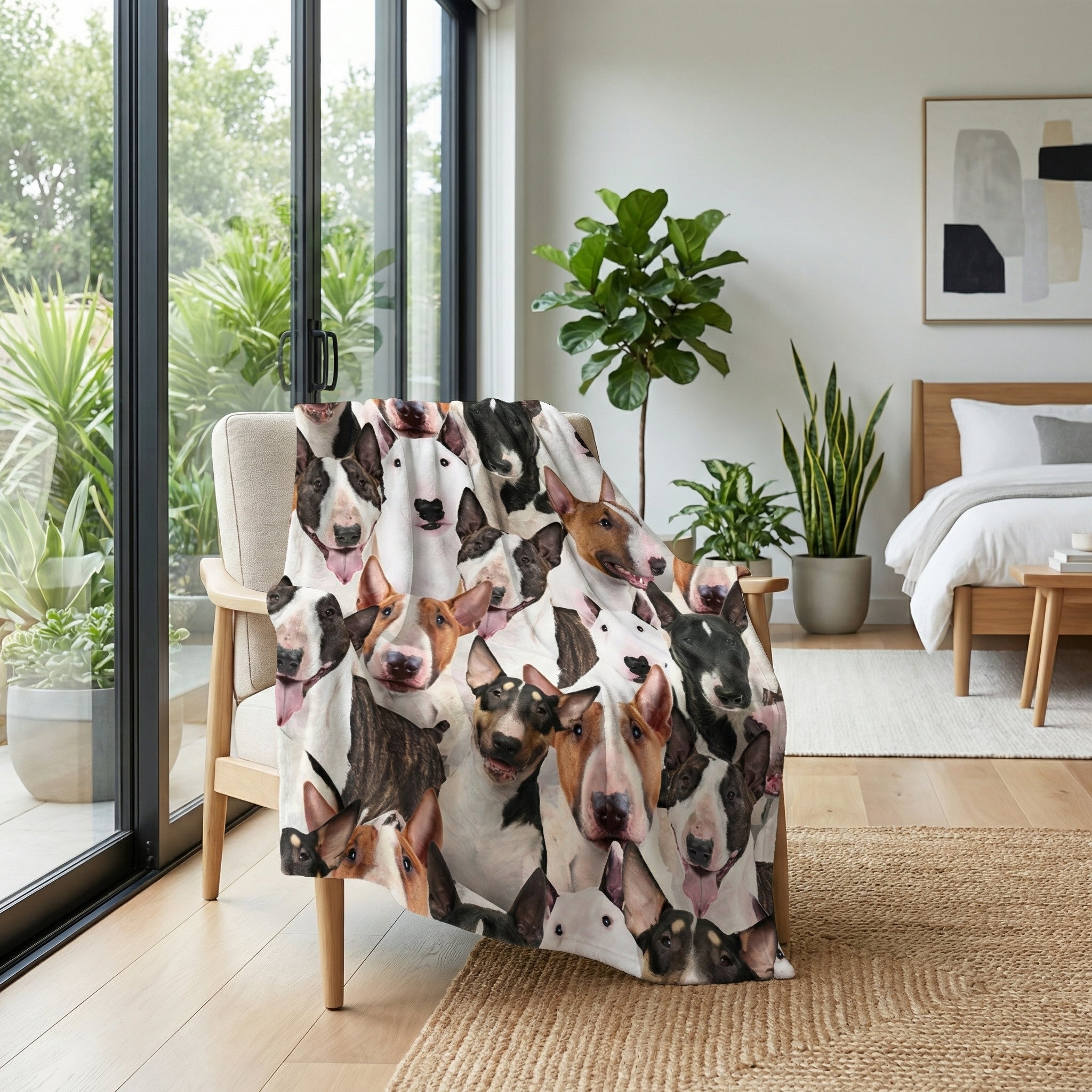 Soft Sherpa blanket with a playful 3D print of Bull Terrier dogs, draped over a chair in a bright room.