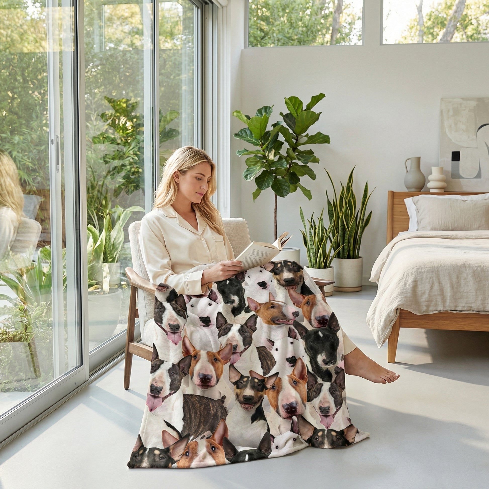Woman reading under a soft Sherpa blanket featuring a playful 3D print of Bull Terrier dogs.