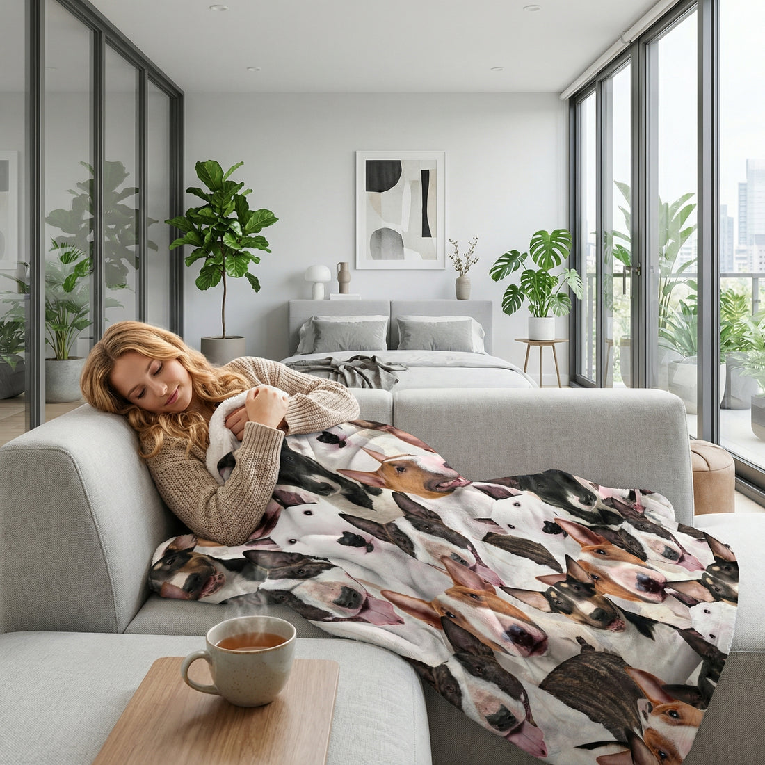 Blonde woman napping on a gray couch, covered by a soft Sherpa blanket with a 3D print of Bull Terrier dogs.