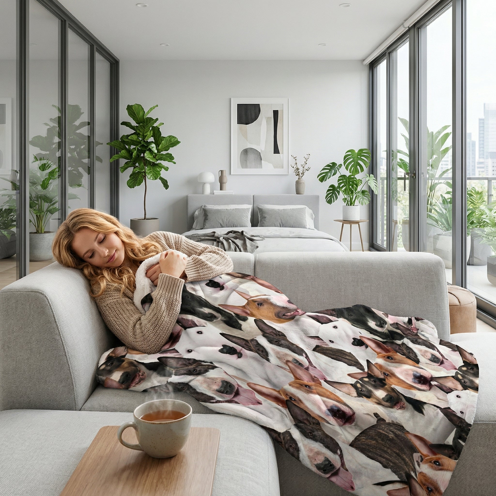 Blonde woman napping on a gray couch, covered by a soft Sherpa blanket with a 3D print of Bull Terrier dogs.