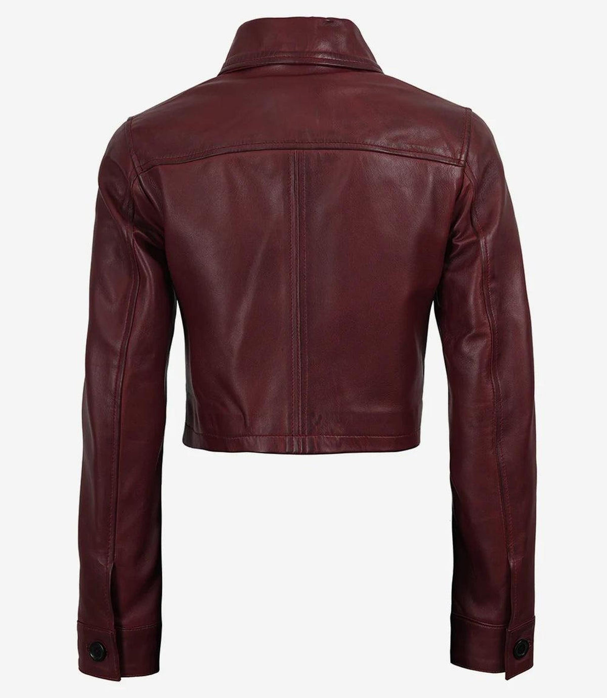 Burgundy Cropped Leather Jacket with Shirt Collar-Leather Jackets-Glompi-Glompi