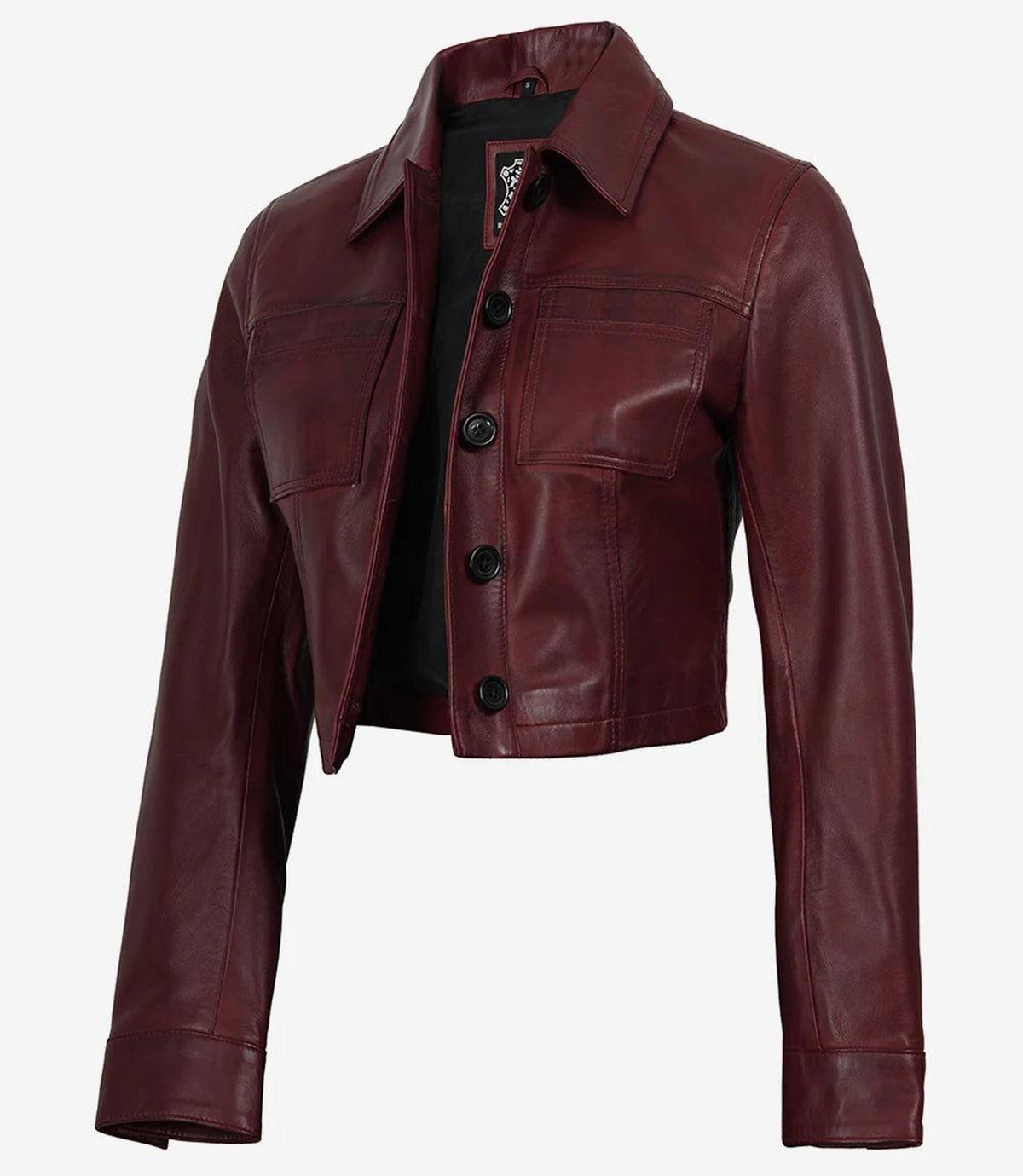 Burgundy Cropped Leather Jacket with Shirt Collar-Leather Jackets-Glompi-Glompi