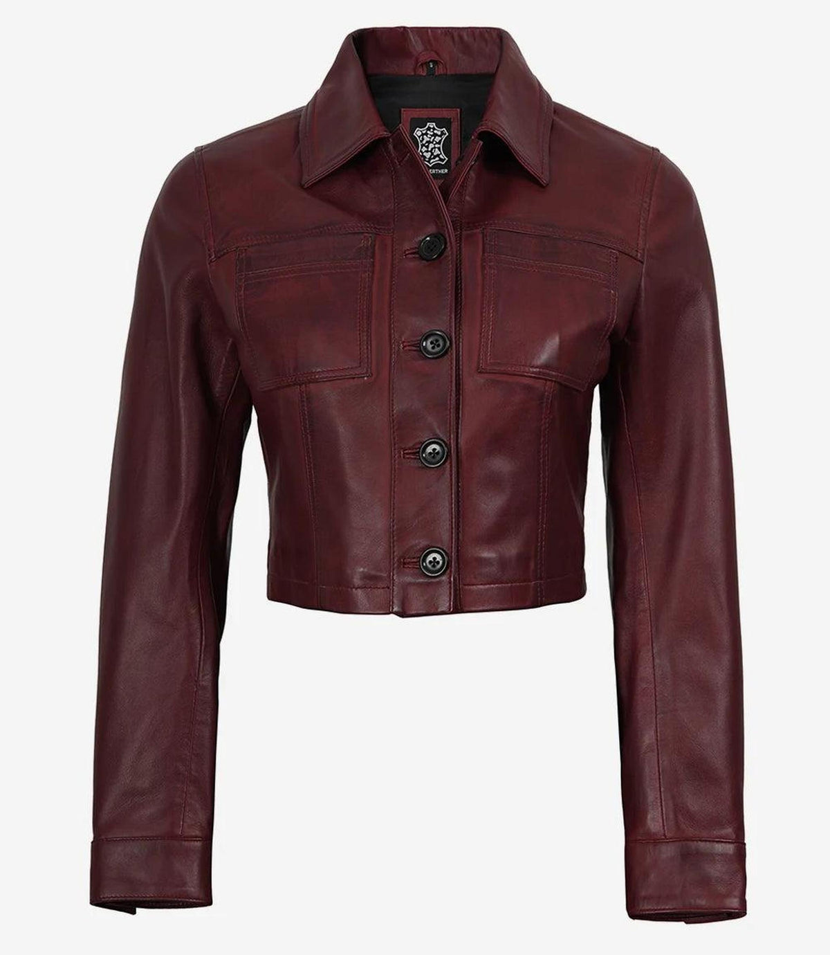 Burgundy Cropped Leather Jacket with Shirt Collar-Leather Jackets-Glompi-Glompi