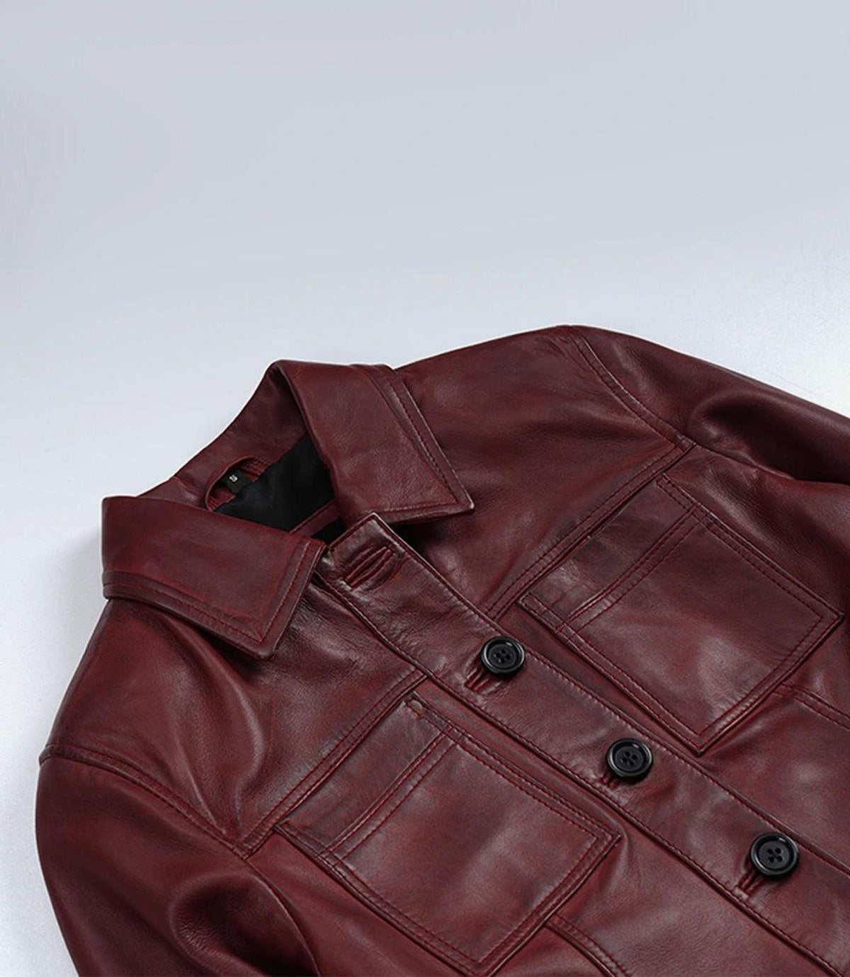 Burgundy Cropped Leather Jacket with Shirt Collar-Leather Jackets-Glompi-Glompi