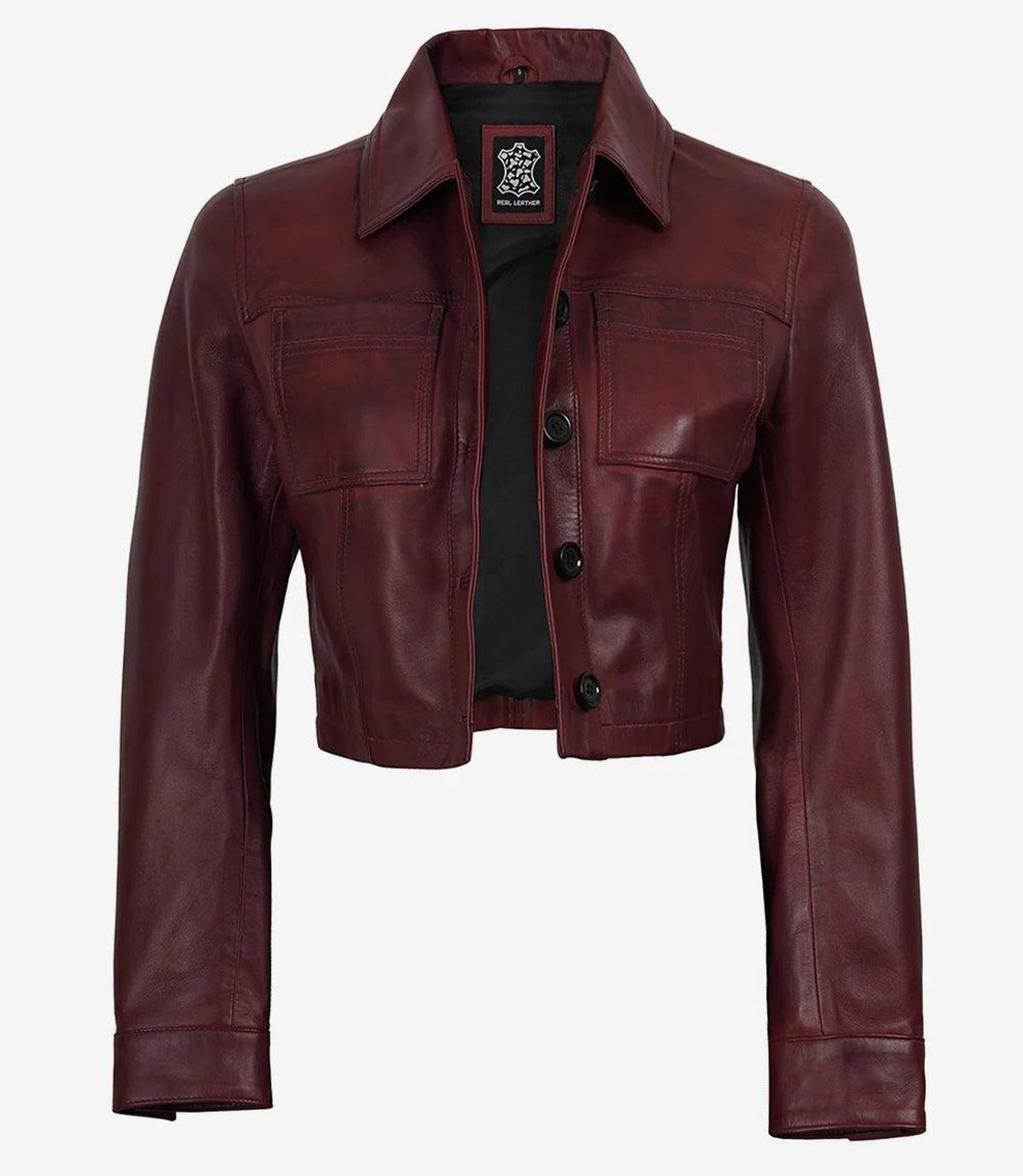 Burgundy Cropped Leather Jacket with Shirt Collar-Leather Jackets-Glompi-XS-Glompi