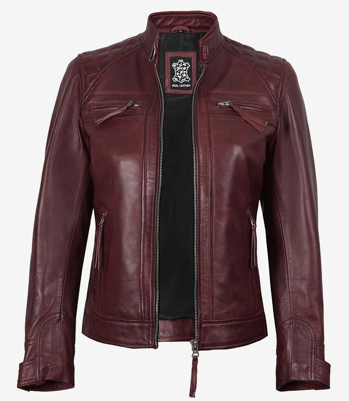 Burgundy Lambskin Leather Biker Jacket for Women-Leather Jackets-Glompi-Glompi