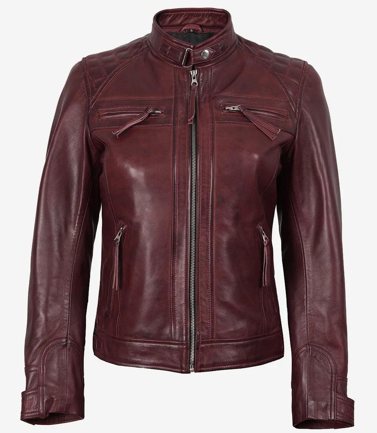 Burgundy Lambskin Leather Biker Jacket for Women-Leather Jackets-Glompi-Glompi