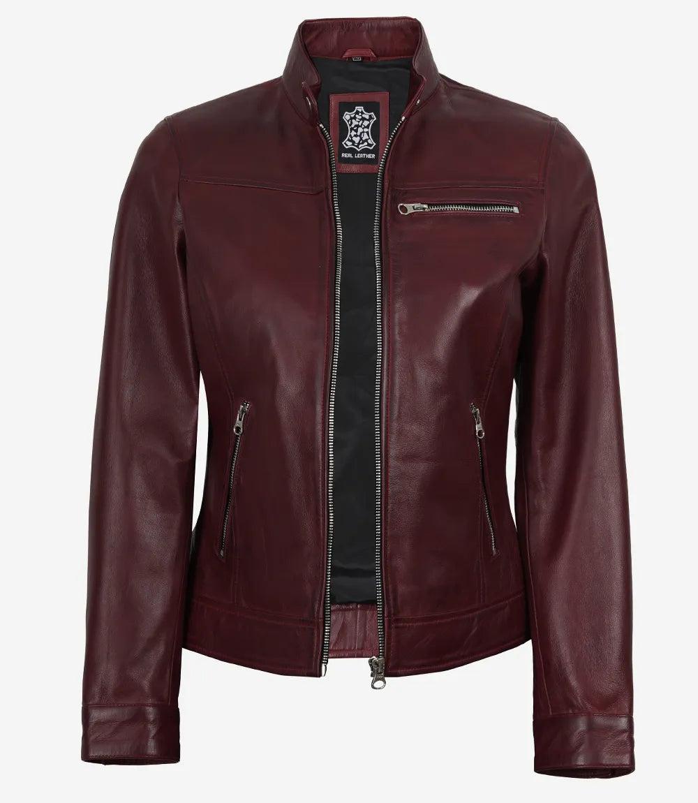 Burgundy Lambskin Leather Jacket for Women with Tailored Fit-Leather Jackets-Glompi-Glompi