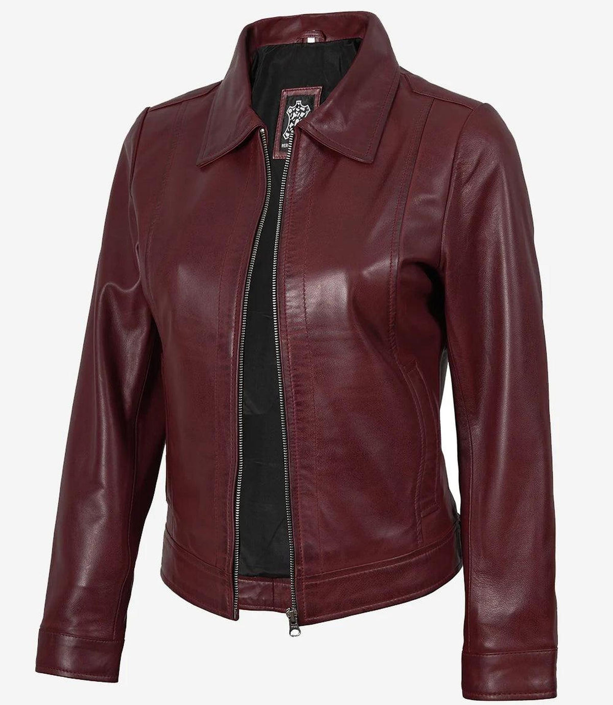 Burgundy Leather Shirt Collar Jacket for Women 3