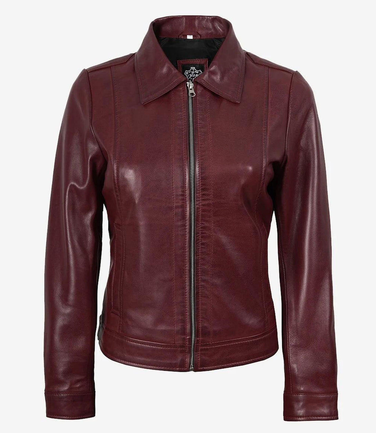 Burgundy Leather Shirt Collar Jacket for Women 4