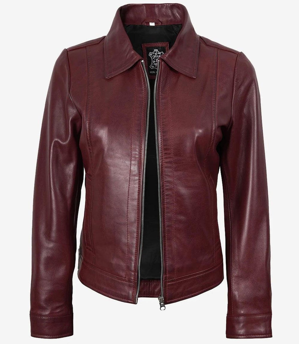 Burgundy Leather Shirt Collar Jacket for Women 2