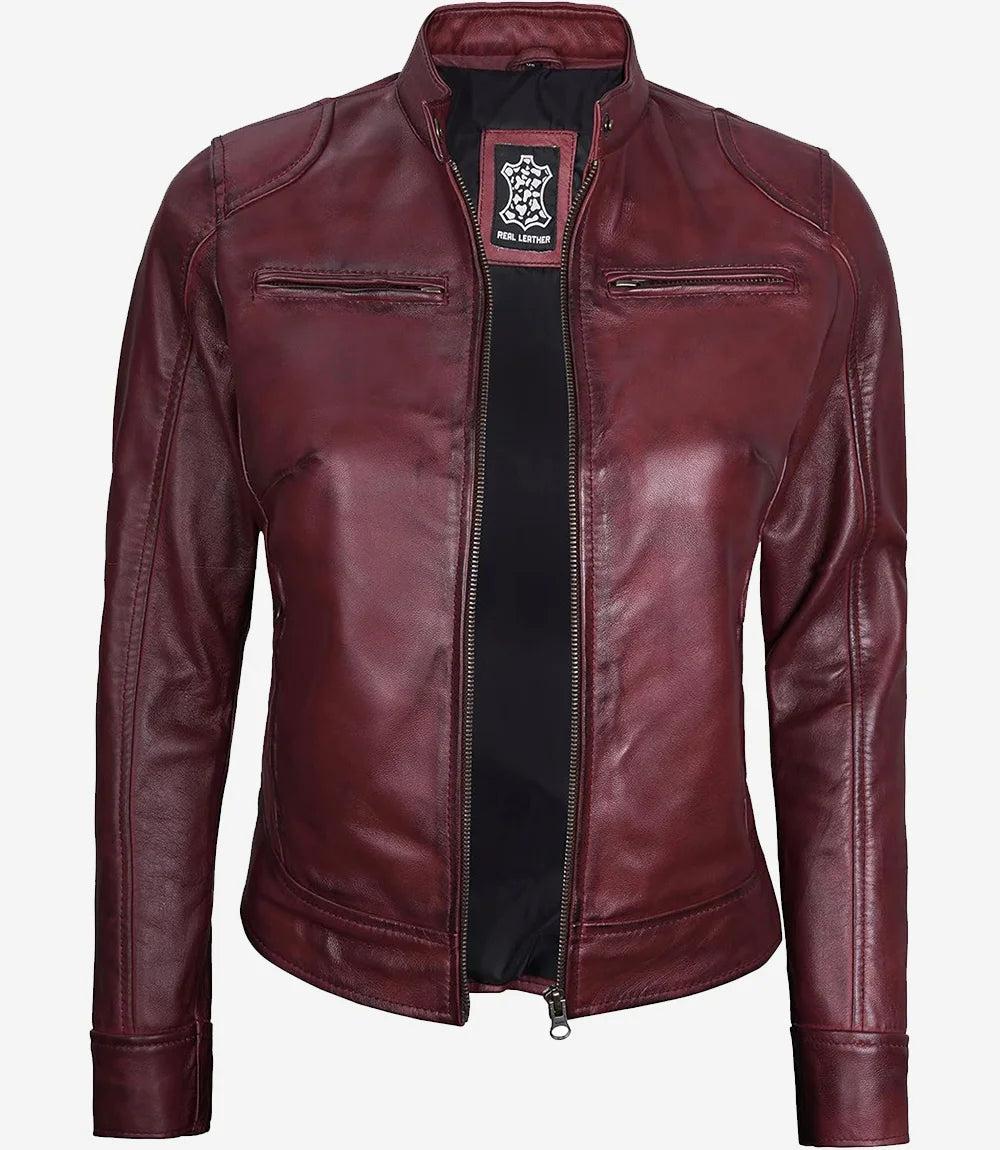 Burgundy Real Leather Biker Jacket for Women-Leather Jackets-Glompi-Glompi
