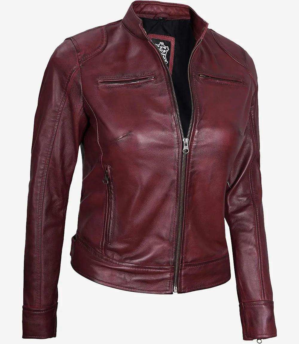 Burgundy Real Leather Biker Jacket for Women-Leather Jackets-Glompi-Glompi