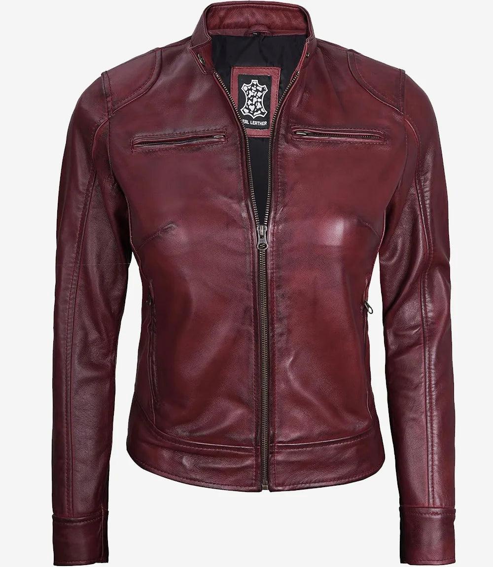 Burgundy Real Leather Biker Jacket for Women-Leather Jackets-Glompi-Glompi