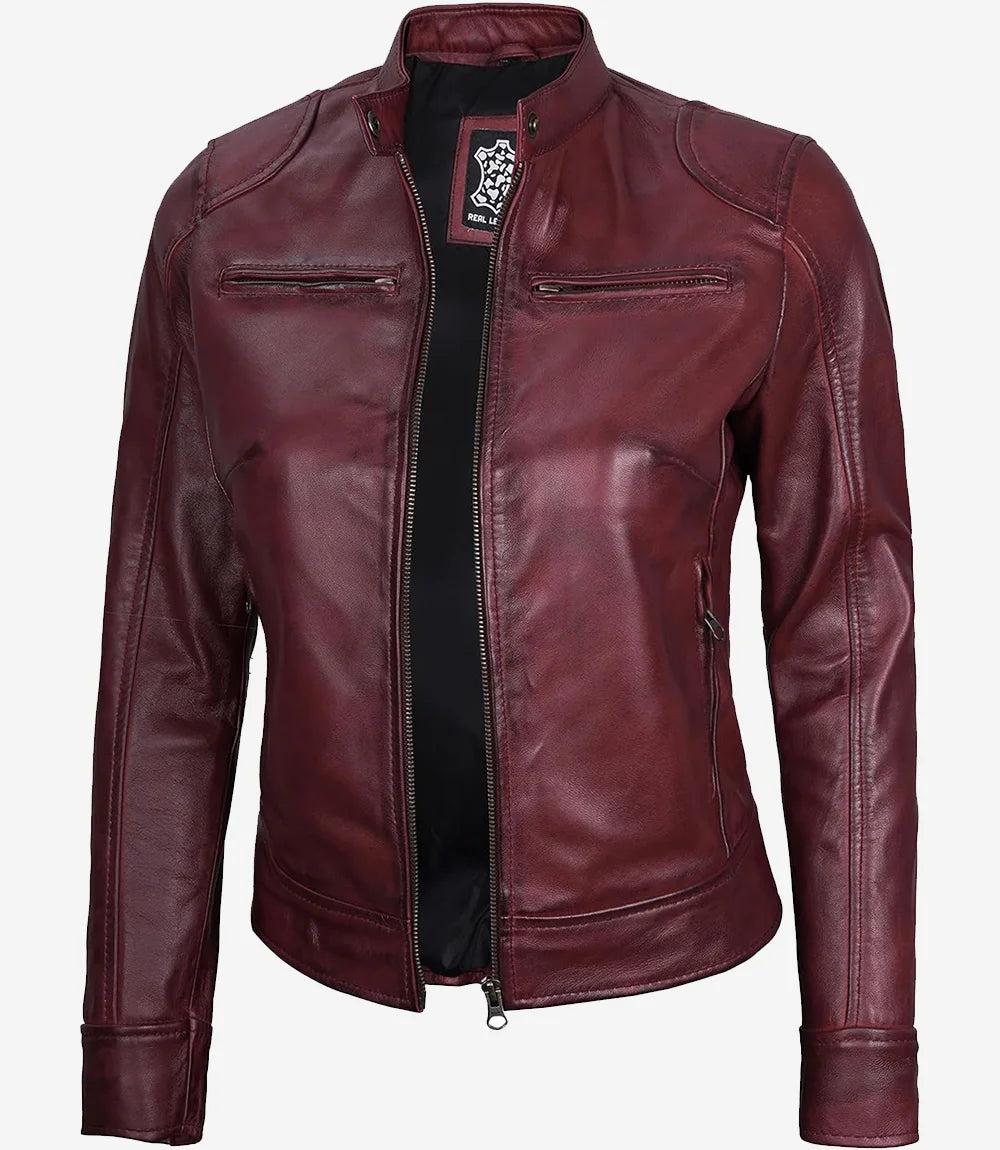 Burgundy Real Leather Biker Jacket for Women-Leather Jackets-Glompi-XS-Glompi
