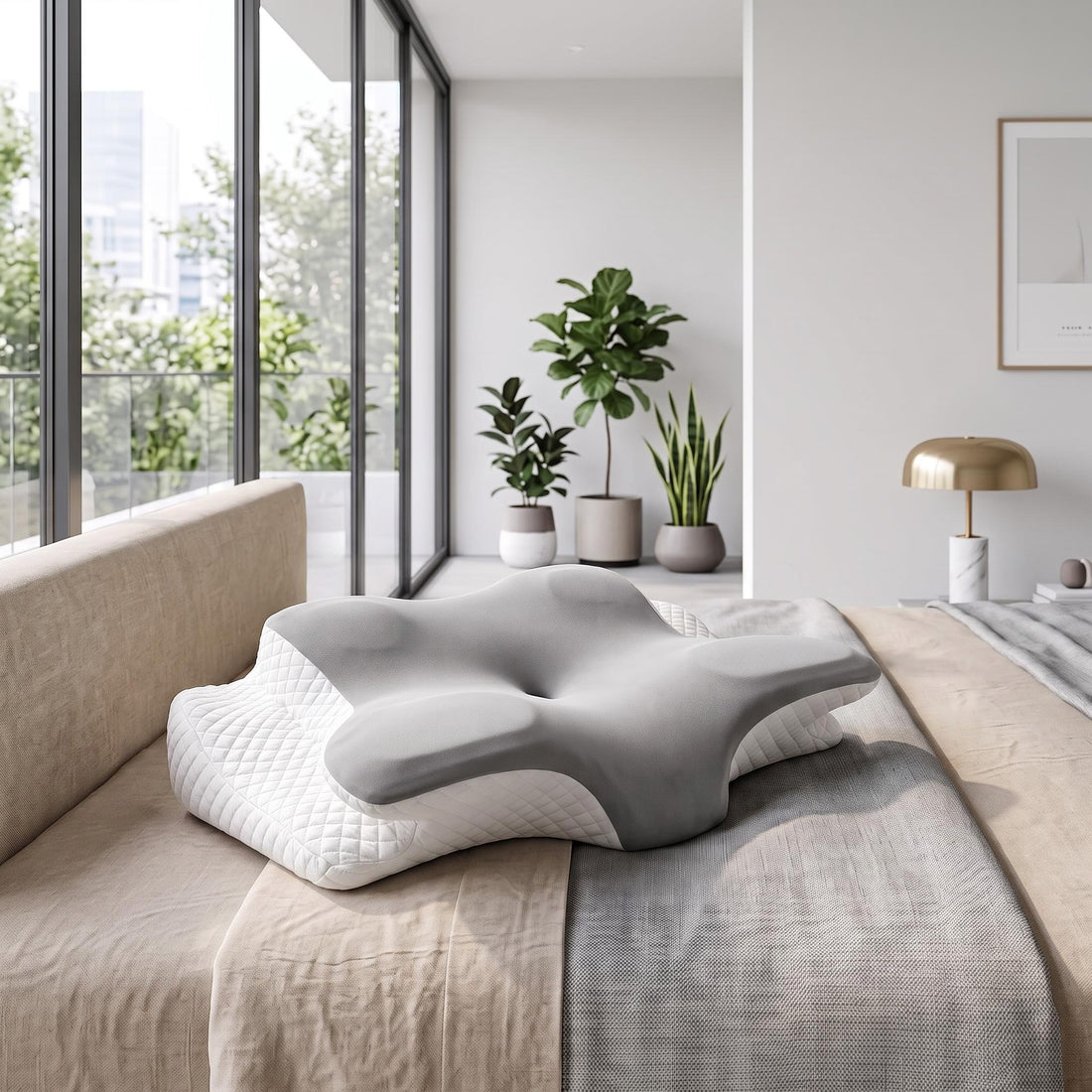 Woman sleeping on a grey and white ergonomic butterfly-shaped memory foam pillow on a light blue bed.