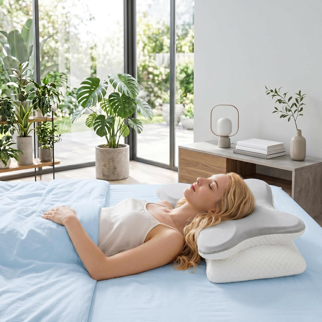 Woman sleeping on a grey and white ergonomic butterfly-shaped memory foam pillow on a light blue bed.