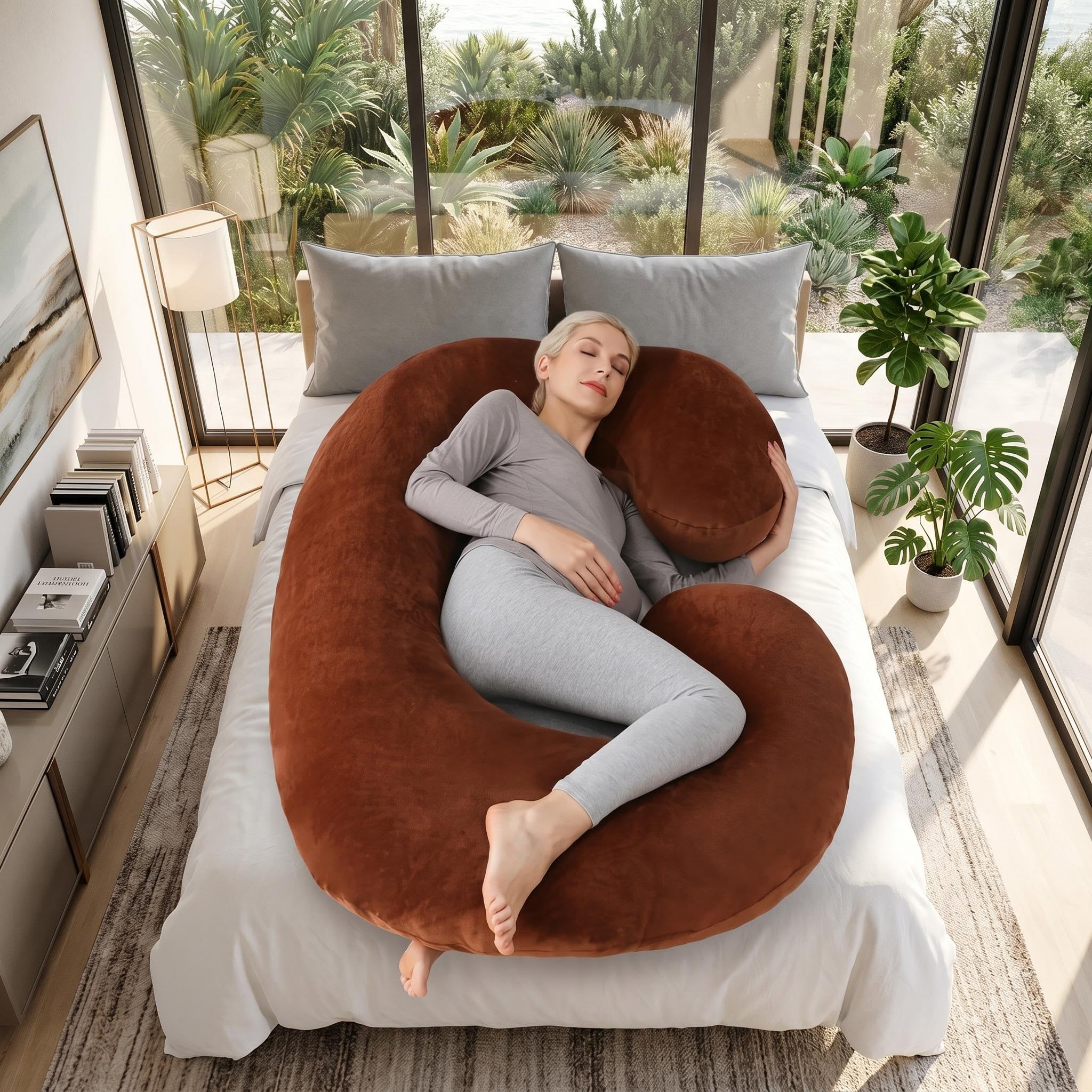 Blonde woman sleeping on a large, plush brown C-shaped support pillow on a bed.