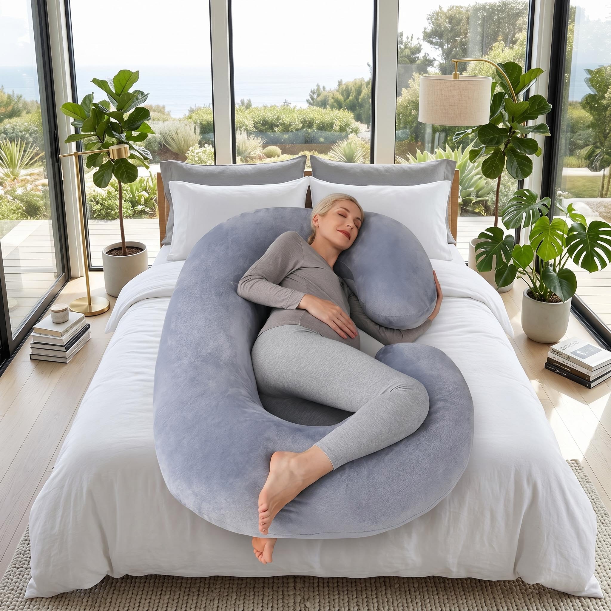 Woman sleeping peacefully on a large, plush, light blue C-shaped support pillow in a bright bedroom.
