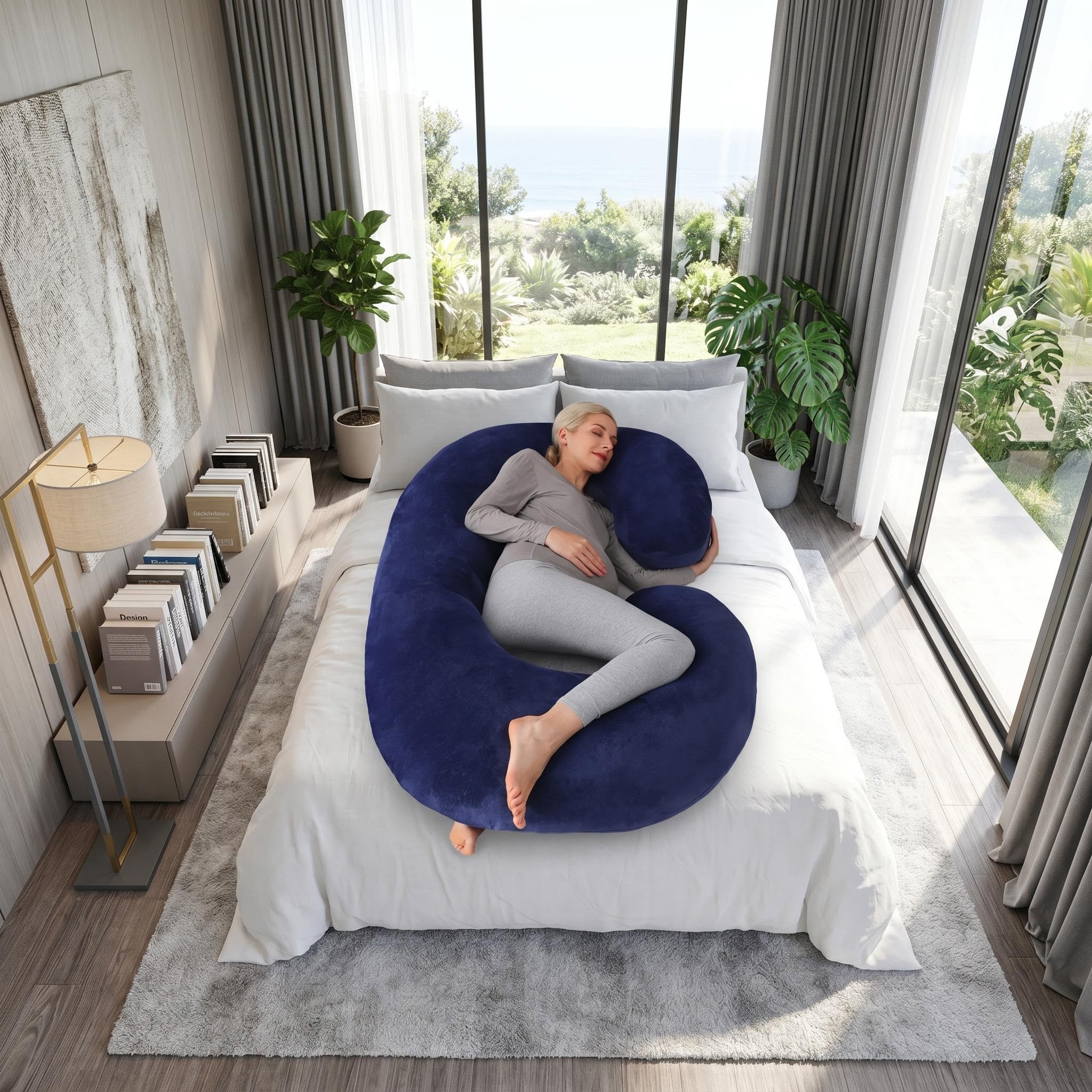 Woman sleeping on a large navy blue C-shaped support pillow on a white bed in a bright bedroom.