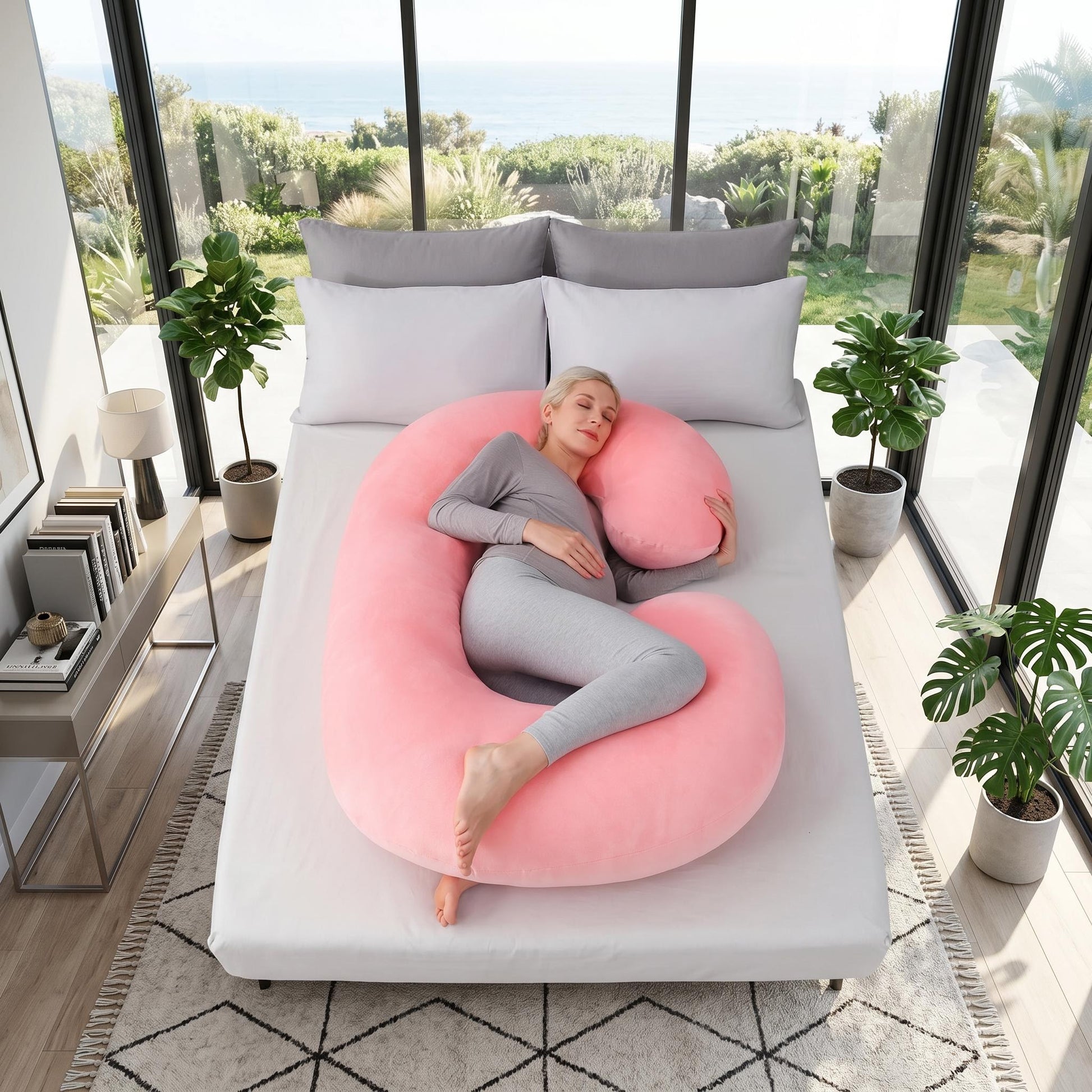 Pregnant woman resting on a large pink C-shaped support pillow in a bright bedroom.