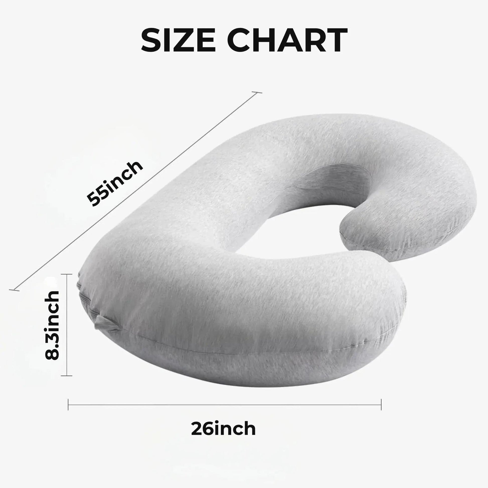 Light gray C-shaped support pillow with plush cushioning, showing 55-inch length, 26-inch width, and 8.3-inch height.
