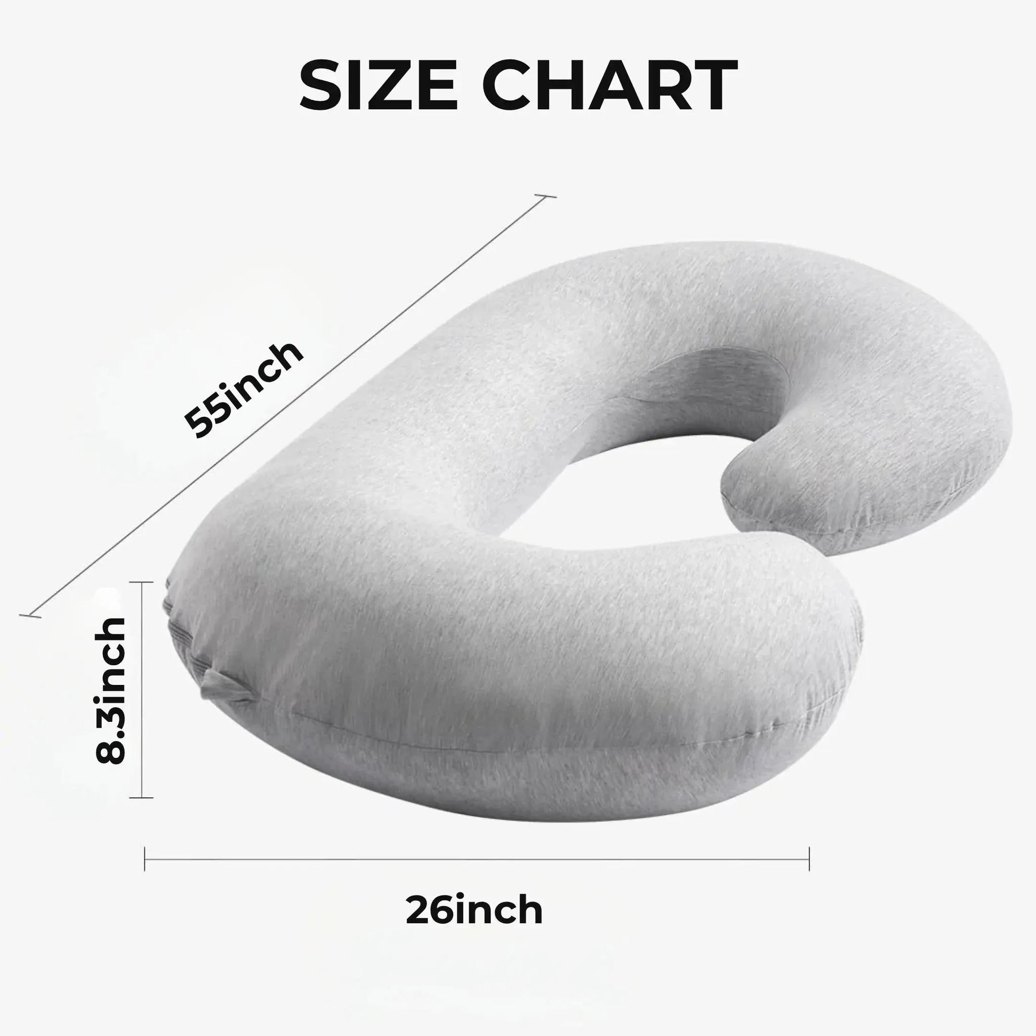 Light gray C-shaped support pillow with plush cushioning, showing 55-inch length, 26-inch width, and 8.3-inch height.