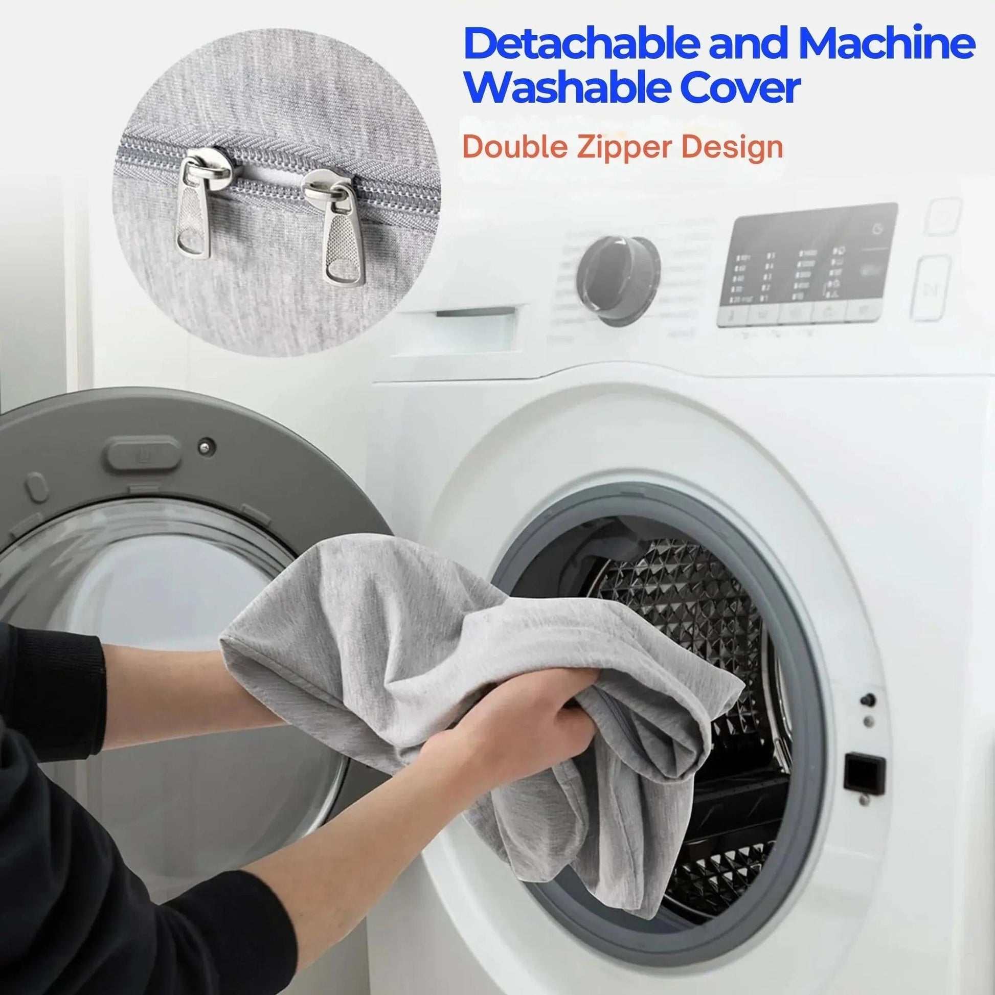 Hands placing a light gray, smooth fabric C-shaped pillow cover with a double zipper into a washing machine.