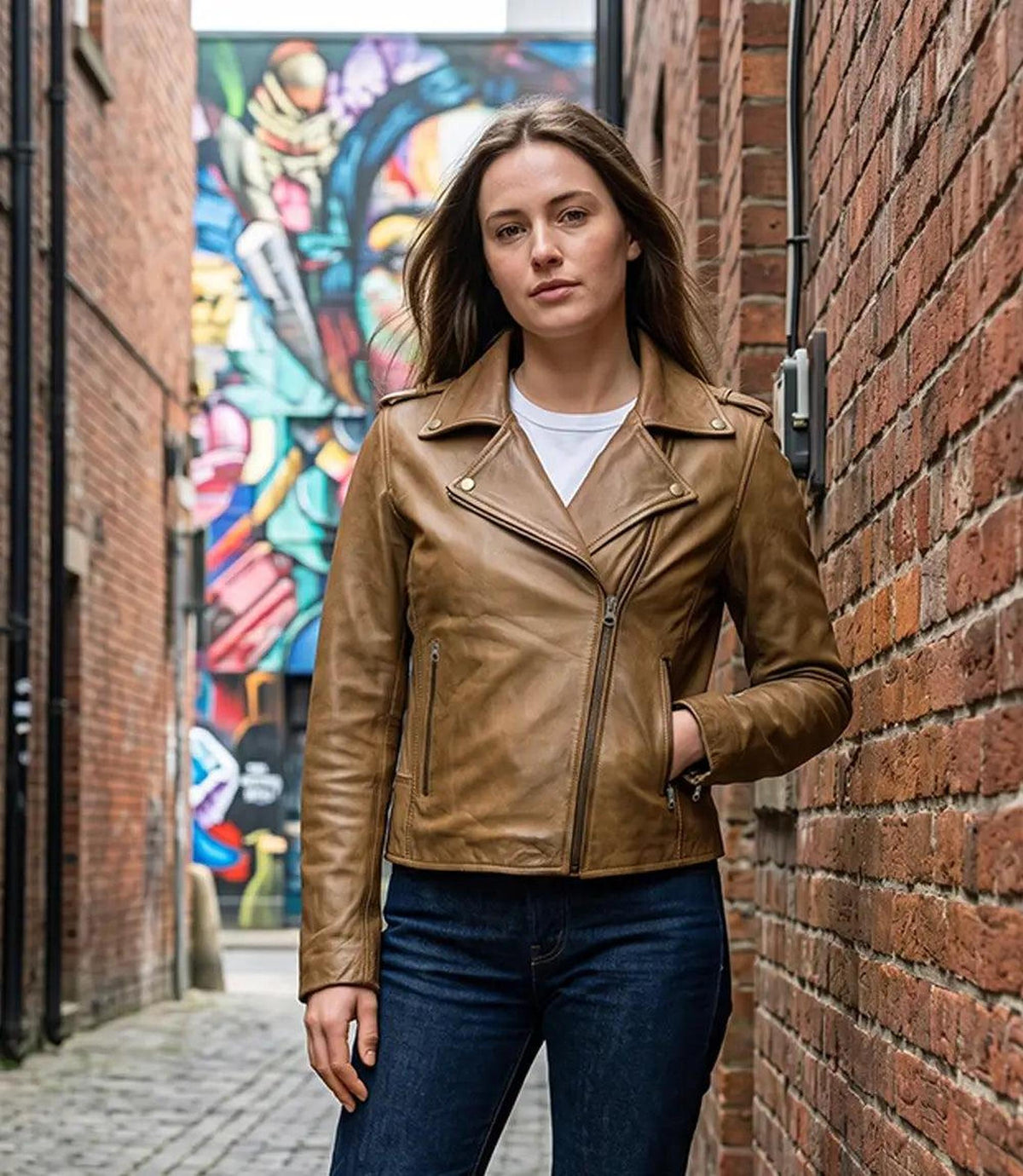 Camel Brown Biker Style Leather Jacket for Women-Leather Jackets-Glompi-Glompi