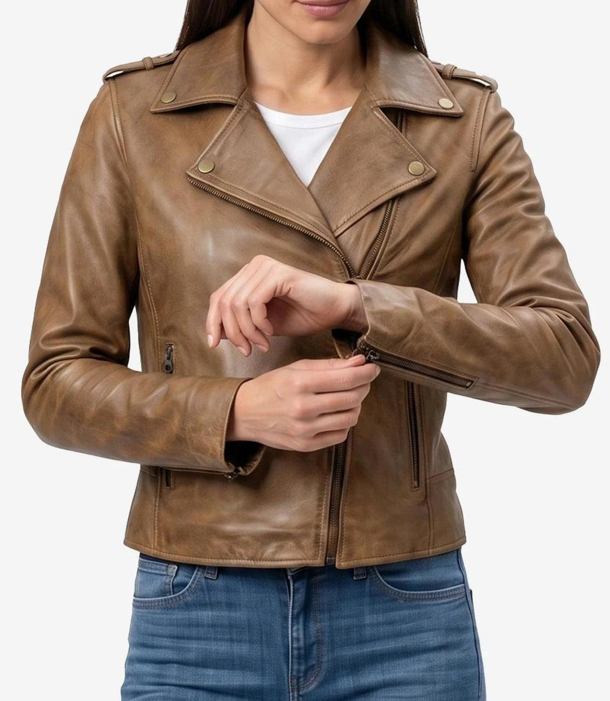 Camel Brown Biker Style Leather Jacket for Women-Leather Jackets-Glompi-Glompi