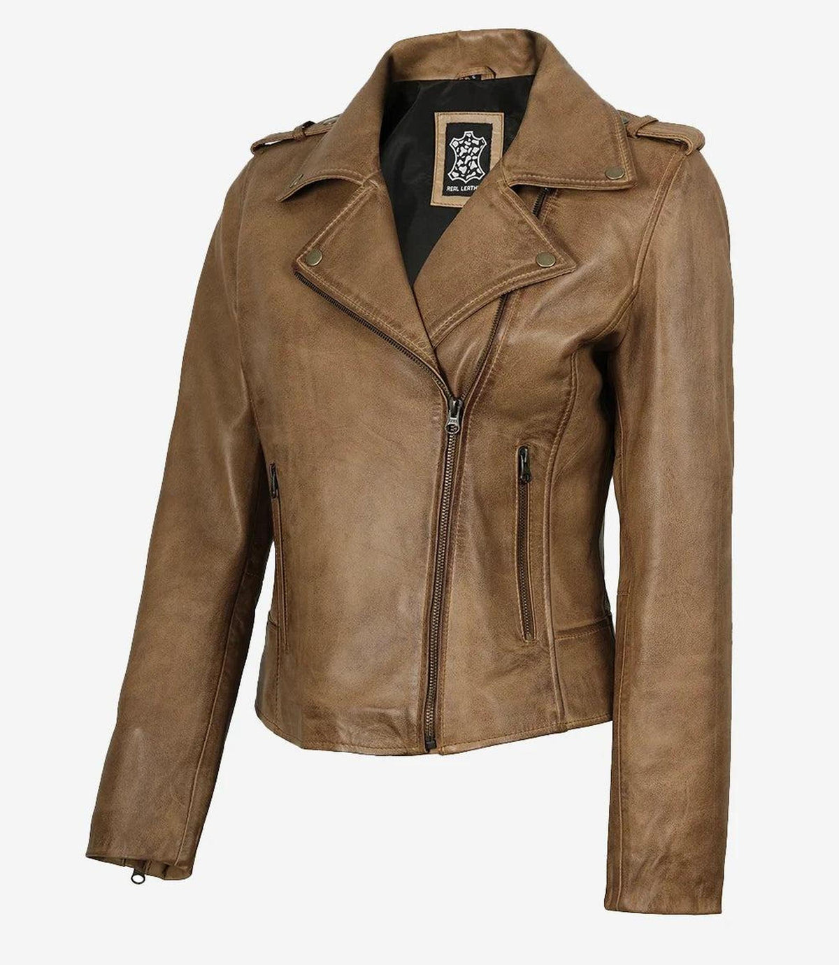 Camel Brown Biker Style Leather Jacket for Women-Leather Jackets-Glompi-S-Glompi