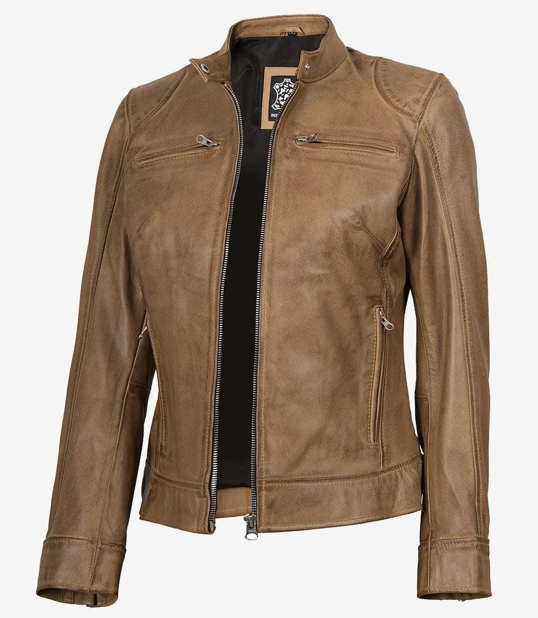 Camel Leather Biker Style Jacket for Women-Leather Jackets-Glompi-XS-Glompi