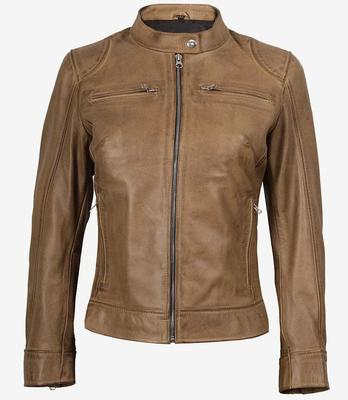Camel Leather Biker Style Jacket for Women-Leather Jackets-Glompi-Glompi