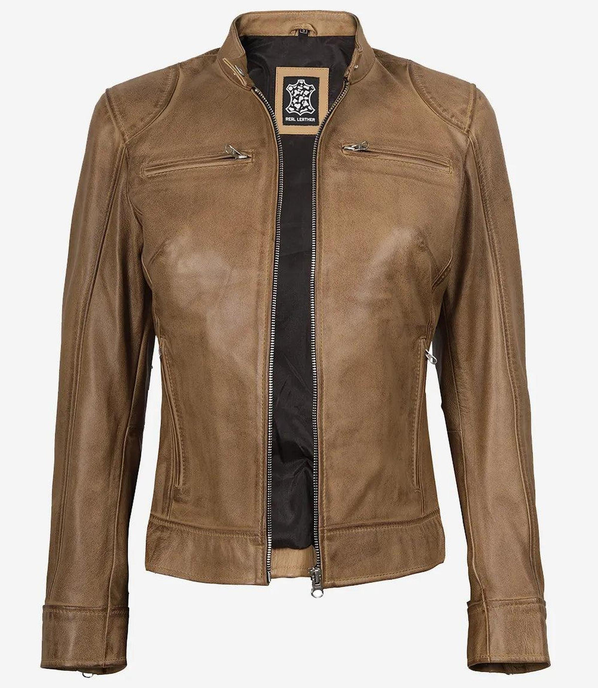 Camel Leather Biker Style Jacket for Women-Leather Jackets-Glompi-XS-Glompi