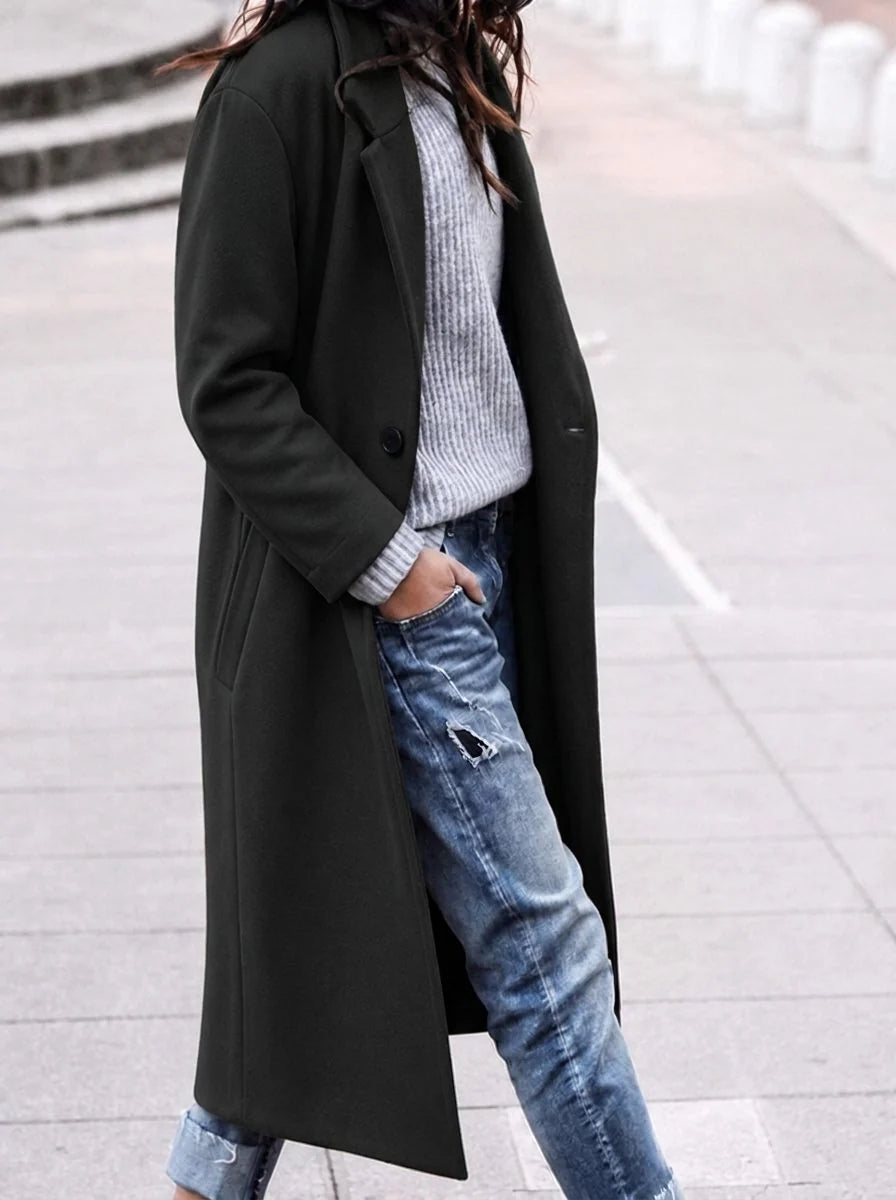 Camel Wool Coat with Wide Lapel and Single Button Closure 1