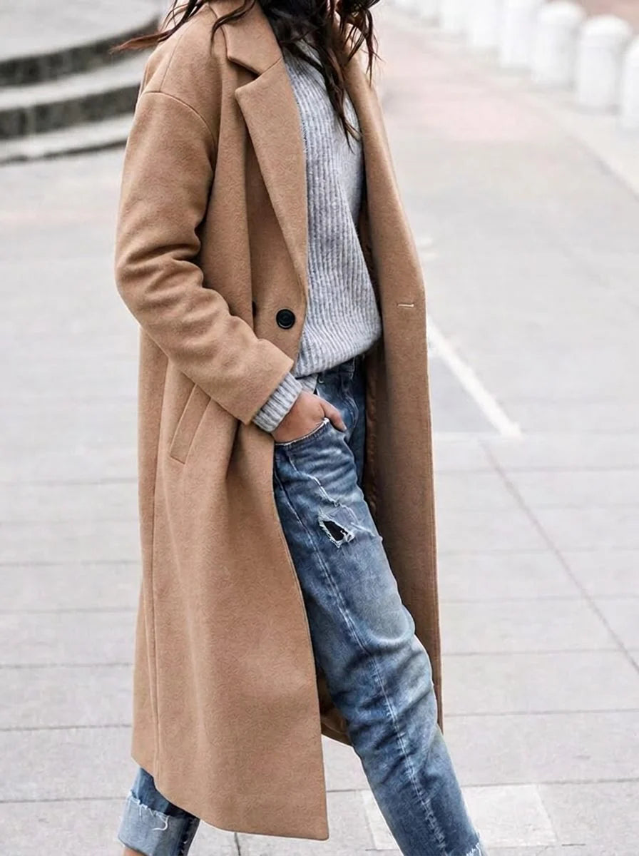 Camel Wool Coat with Wide Lapel and Single Button Closure 0