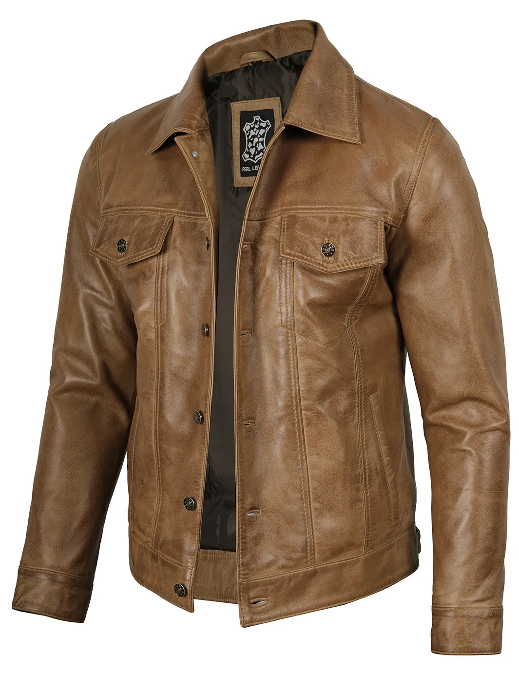 Camel Brown Leather Trucker Jacket for Men 0