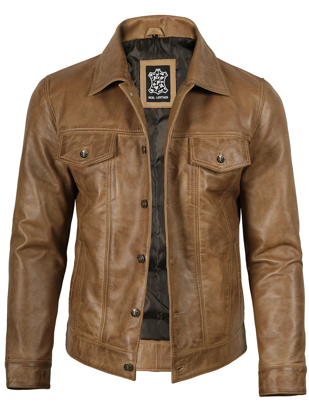 Camel Brown Leather Trucker Jacket for Men 2