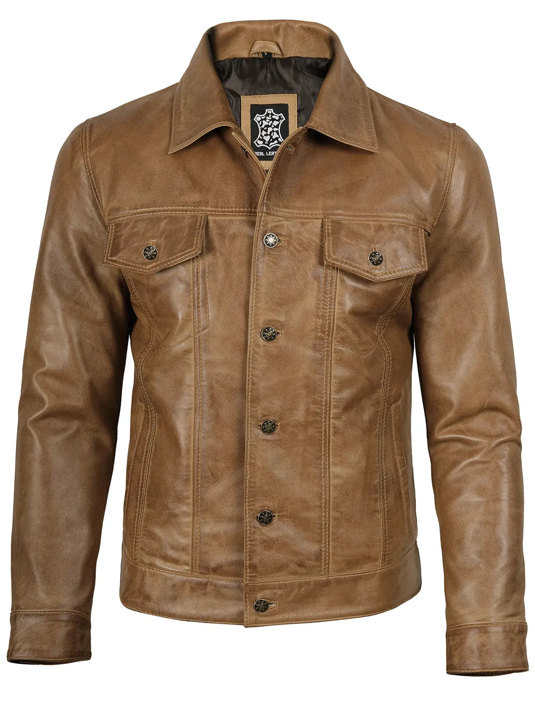 Camel Brown Leather Trucker Jacket for Men 3