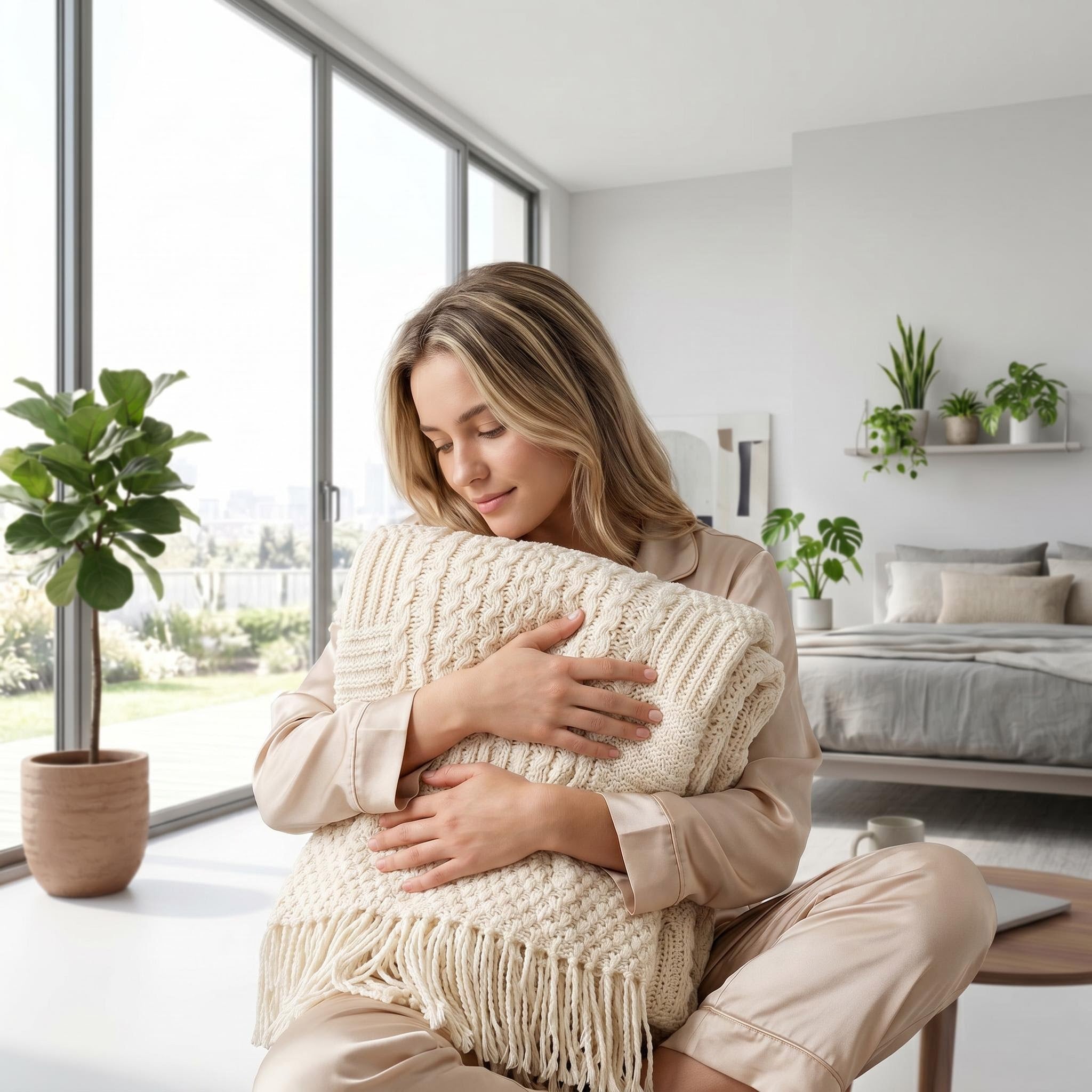 Woman in pajamas hugging a cream Canyon Fringe Knit Throw Blanket in a bright room.