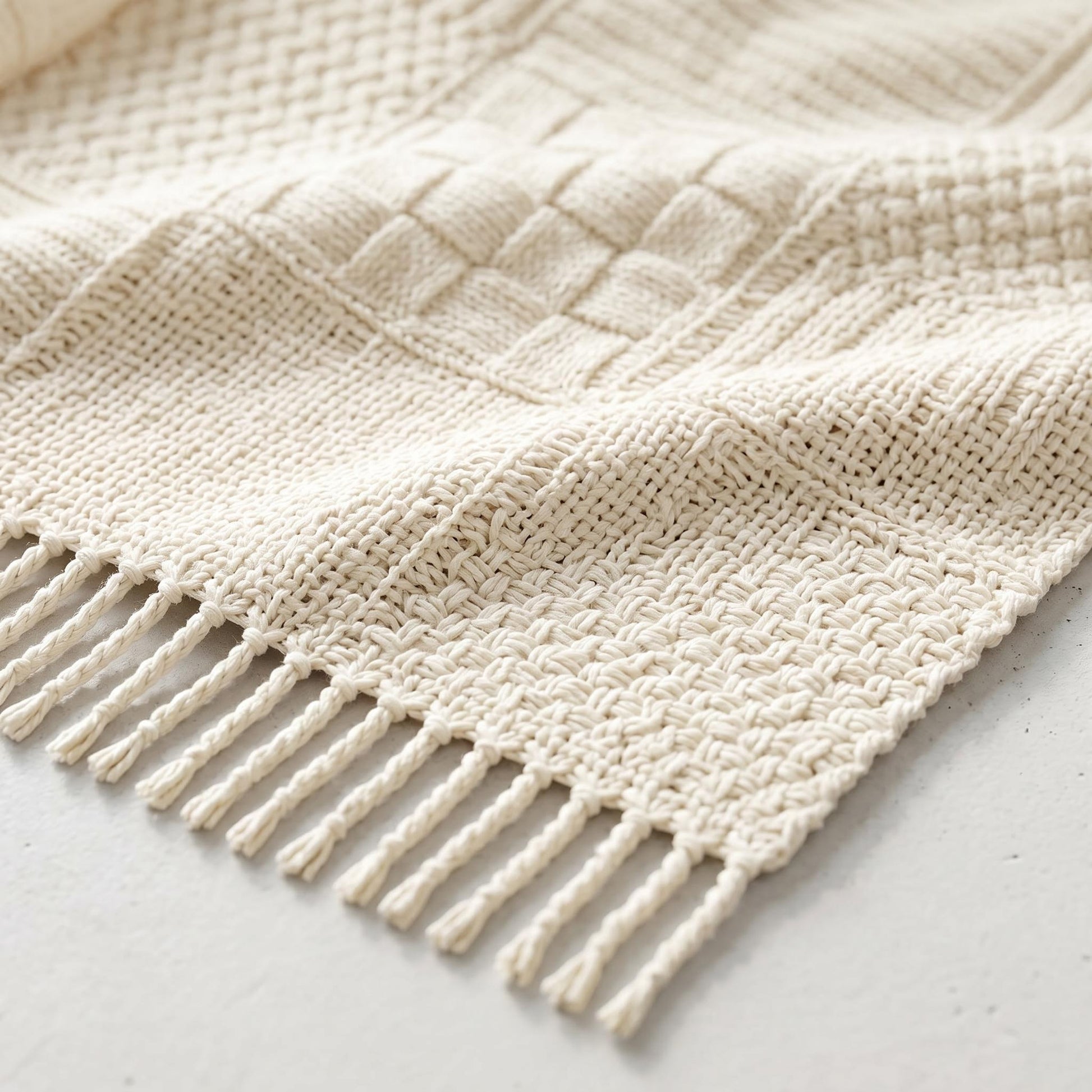 Cream acrylic knit throw blanket with textured jacquard patterns and fringe edges.